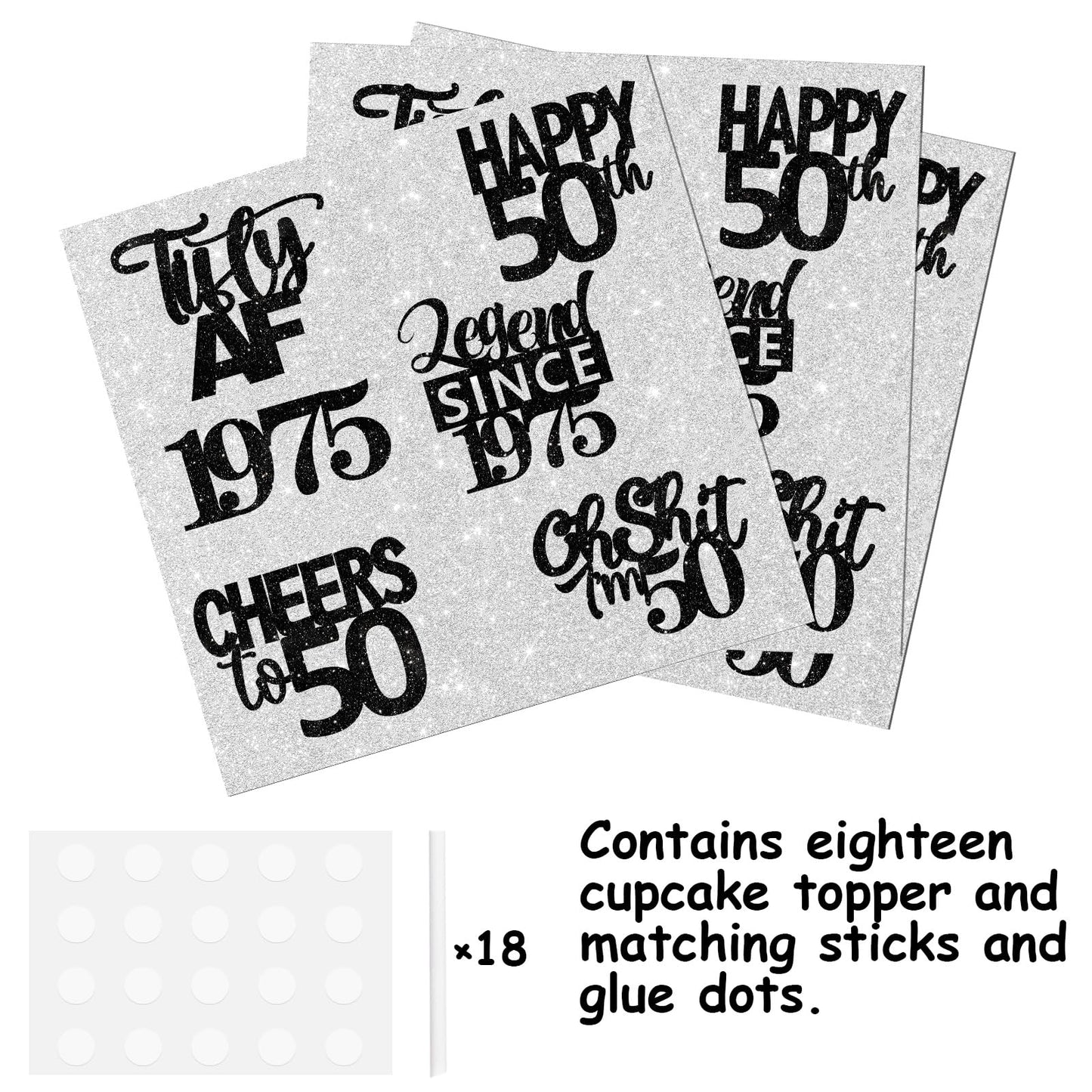 18Pcs Black Glitter Happy 50Th Dessert Cupcake Topper Pick For Funny Legend Since 1998 Theme Decor Supplies Men Women Happy 50 B