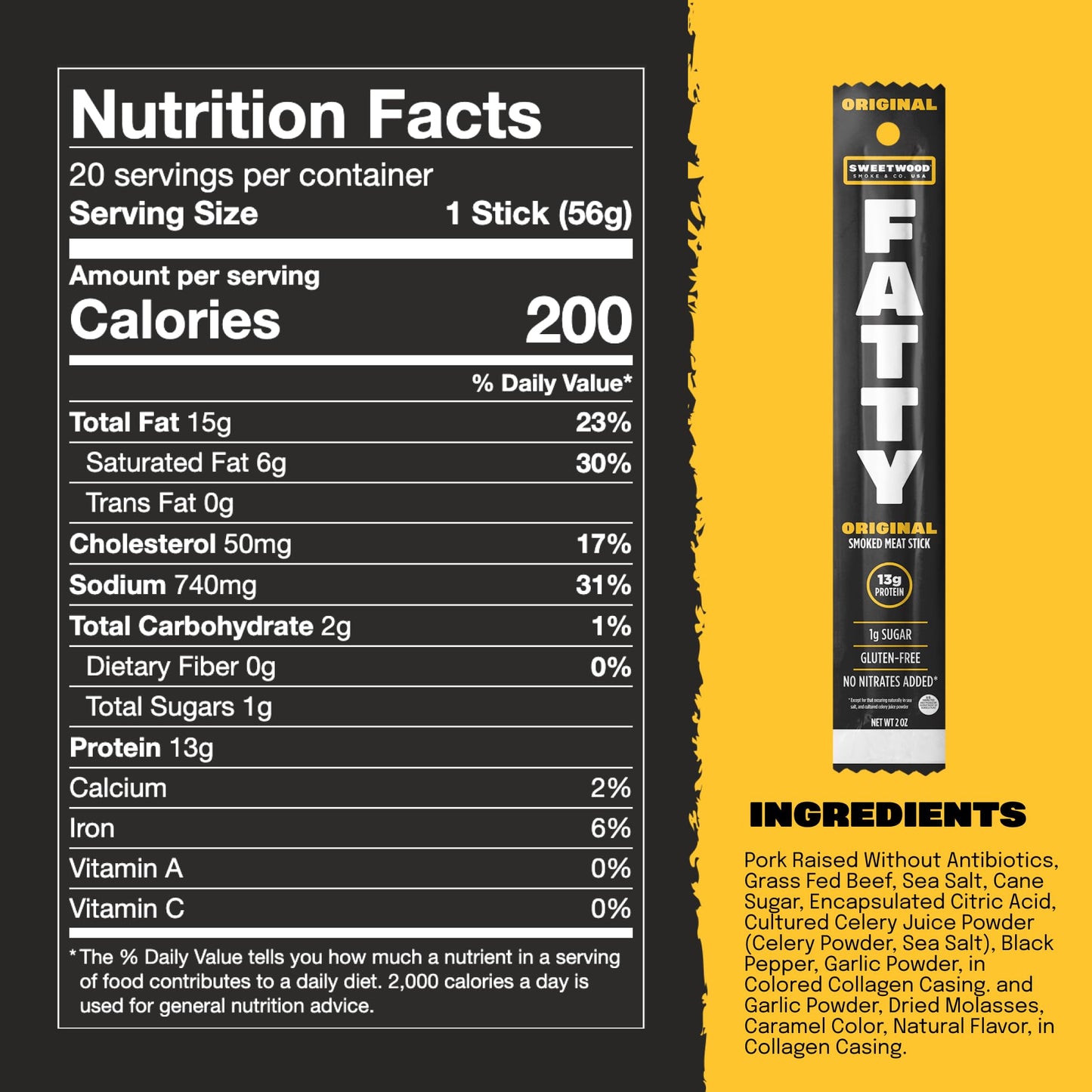 FATTY Meat Sticks, Grass Fed Beef &   -Free Pork, 13g Protein, 2 oz. (Pack of 20), Barbeque Flavor