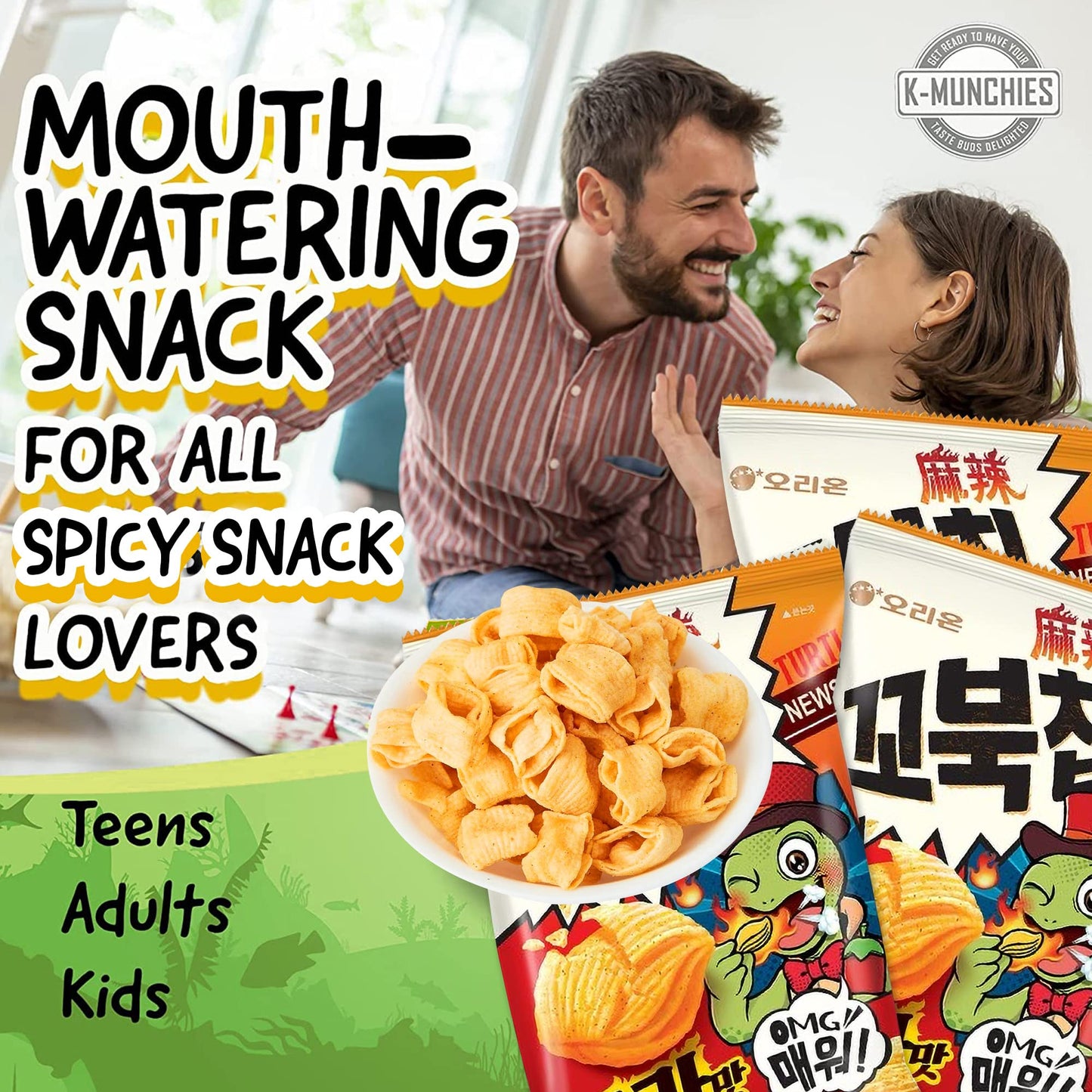 K-Munchies Orion Turtle Chips - 3 Packs Of 80-Gram Flaming Mala Flavor Korean Chips - Savory, Tasty, Crispy Korean Corn Snacks -