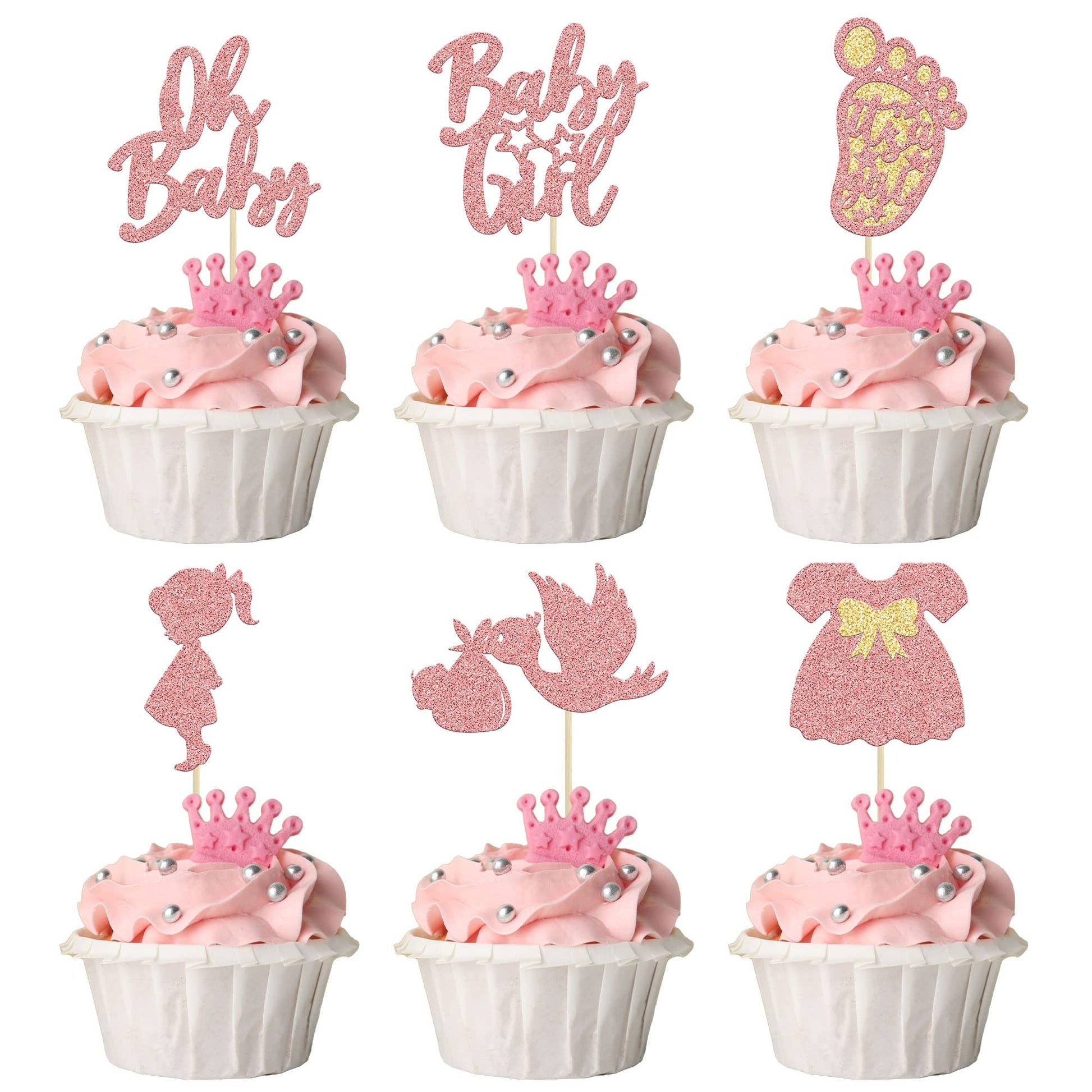 24Pcs Baby Shower Oh Baby Cupcake Toppers Rose Gold Glitter Bow Dress Footprint Swan Baby Girl Cake Picks Decorations For Baby S