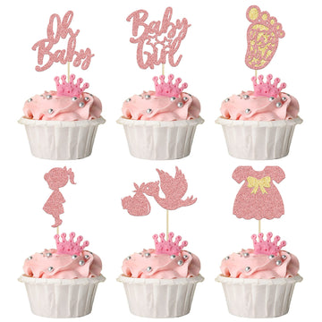 24Pcs Baby Shower Oh Baby Cupcake Toppers Rose Gold Glitter Bow Dress Footprint Swan Baby Girl Cake Picks Decorations For Baby S