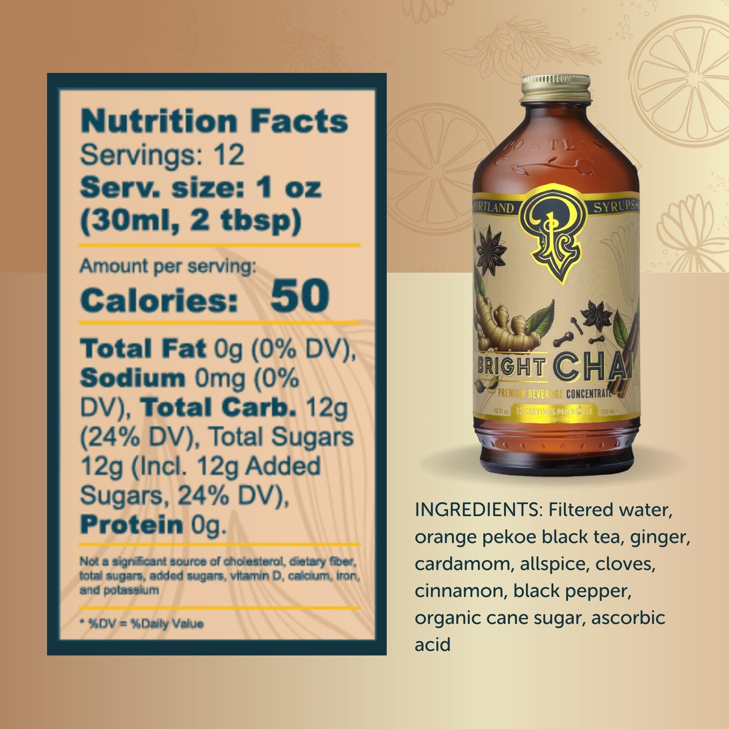 P Portland Syrups Bright Chai Syrup - Premium Concentrate - 12 Fl Oz (Pack of 2) - For Coffee, Cocktails, Mocktails & Sodas