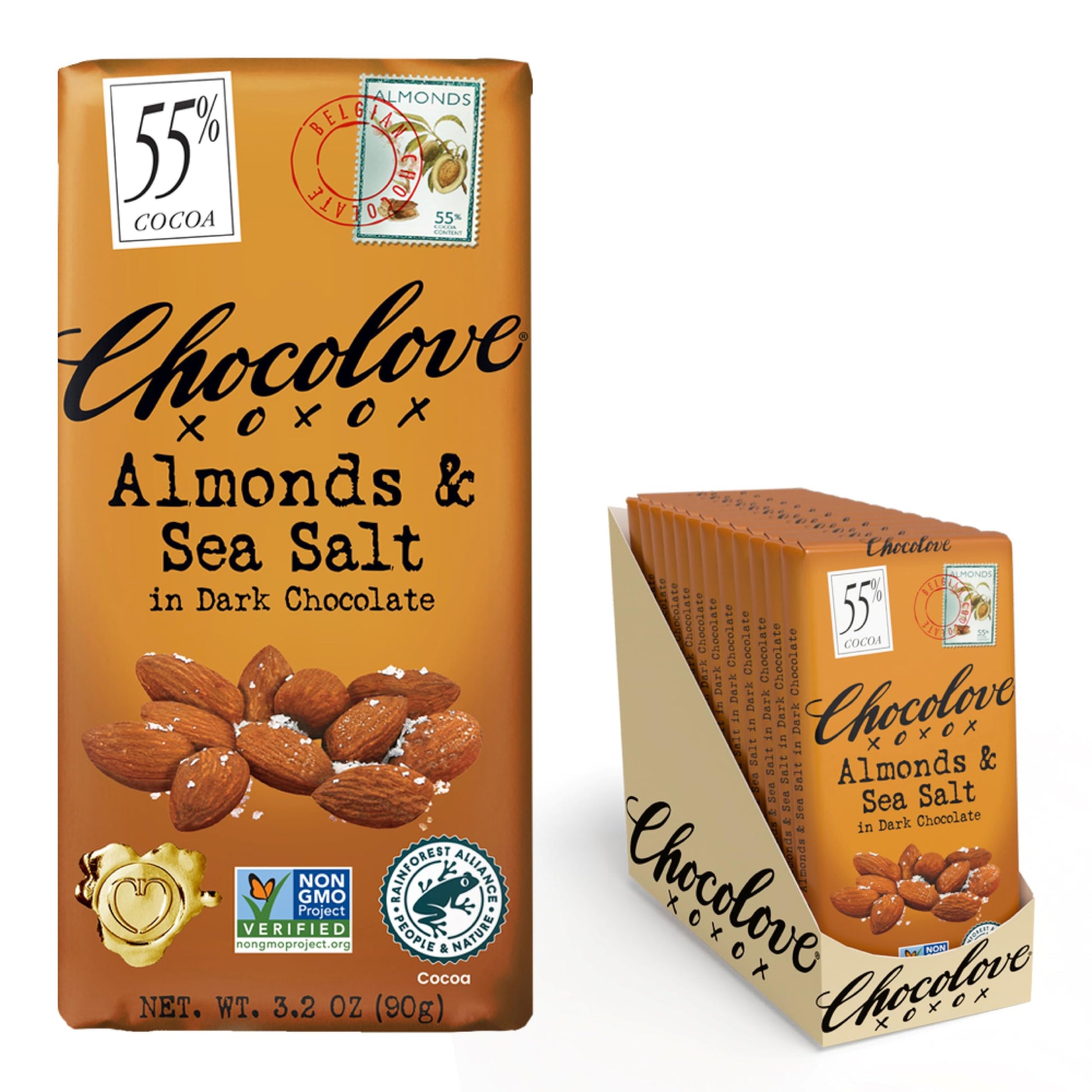 Chocolove Almonds & Sea Salt Dark Chocolate Bars | 55% Cocoa | Crunchy Almonds With A Salty Twist | Premium Belgian Dark Chocolate | Non-Gmo, Dairy & Gluten-Free, 3.2 Oz Bar (12 Pack)
