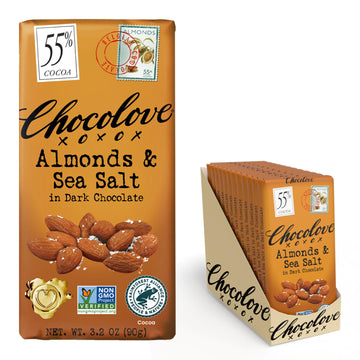 Chocolove Almonds & Sea Salt Dark Chocolate Bars | 55% Cocoa | Crunchy Almonds With A Salty Twist | Premium Belgian Dark Chocolate | Non-Gmo, Dairy & Gluten-Free, 3.2 Oz Bar (12 Pack)