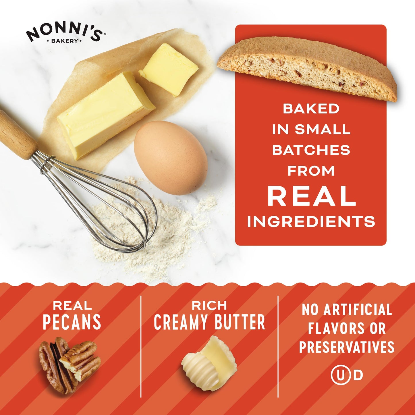 Nonnis Brown Butter Pecan Biscotti, Nutty Pecan Cookie with Rich Browned Butter Flavor, 8 Individually Wrapped Bakery Snacks, 5