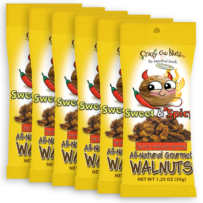 Crazy Go Nuts Walnuts - Sweet & Spicy, 1.25 oz (6-Pack) - Healthy Snacks, Vegan, Gluten Free, Keto, Low Carb, Superfood - Natura