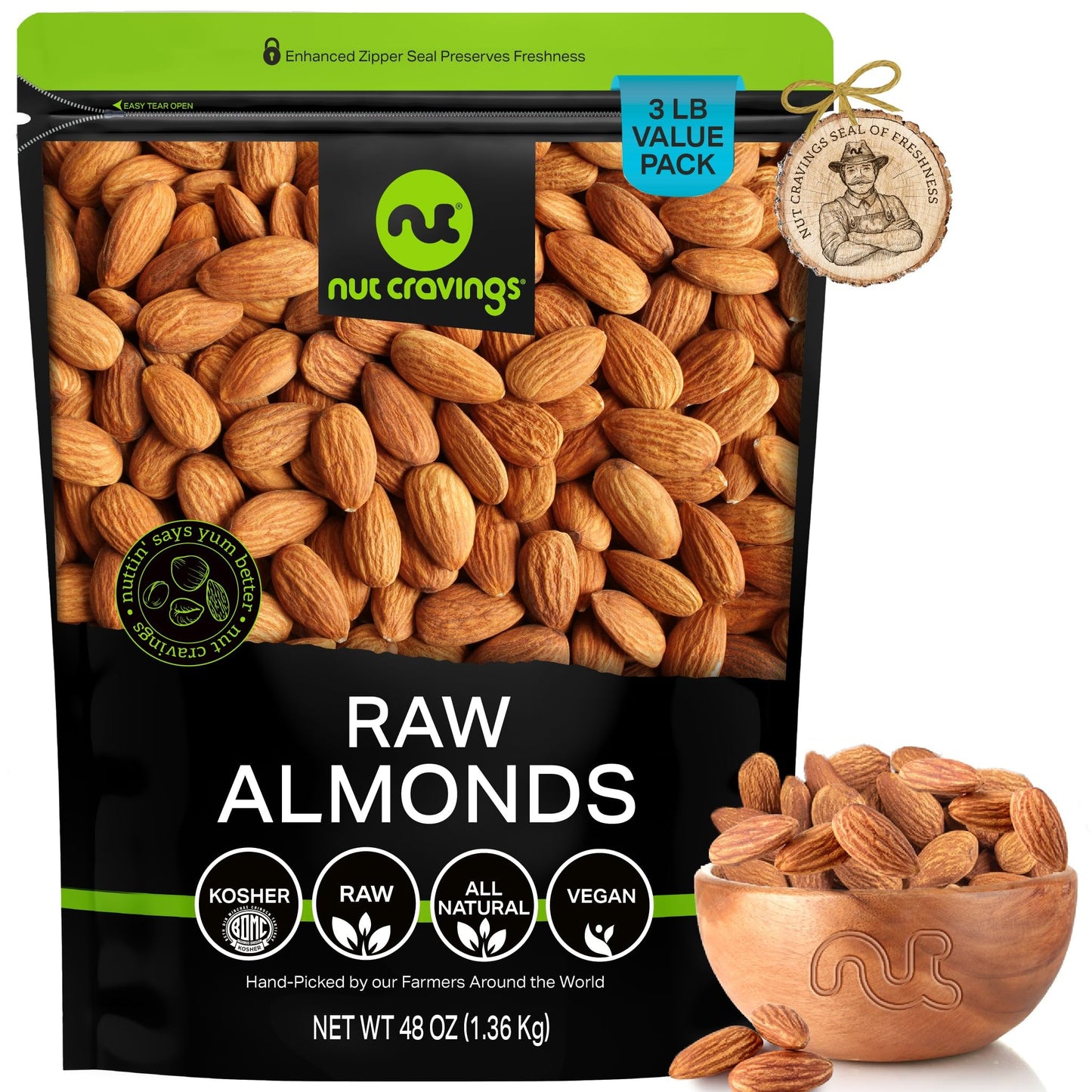 Nut Cravings Raw Whole Almonds, Unsalted, 3 LB Bulk Nuts, Resealable Bag, Kosher, Keto, Vegan Snack
