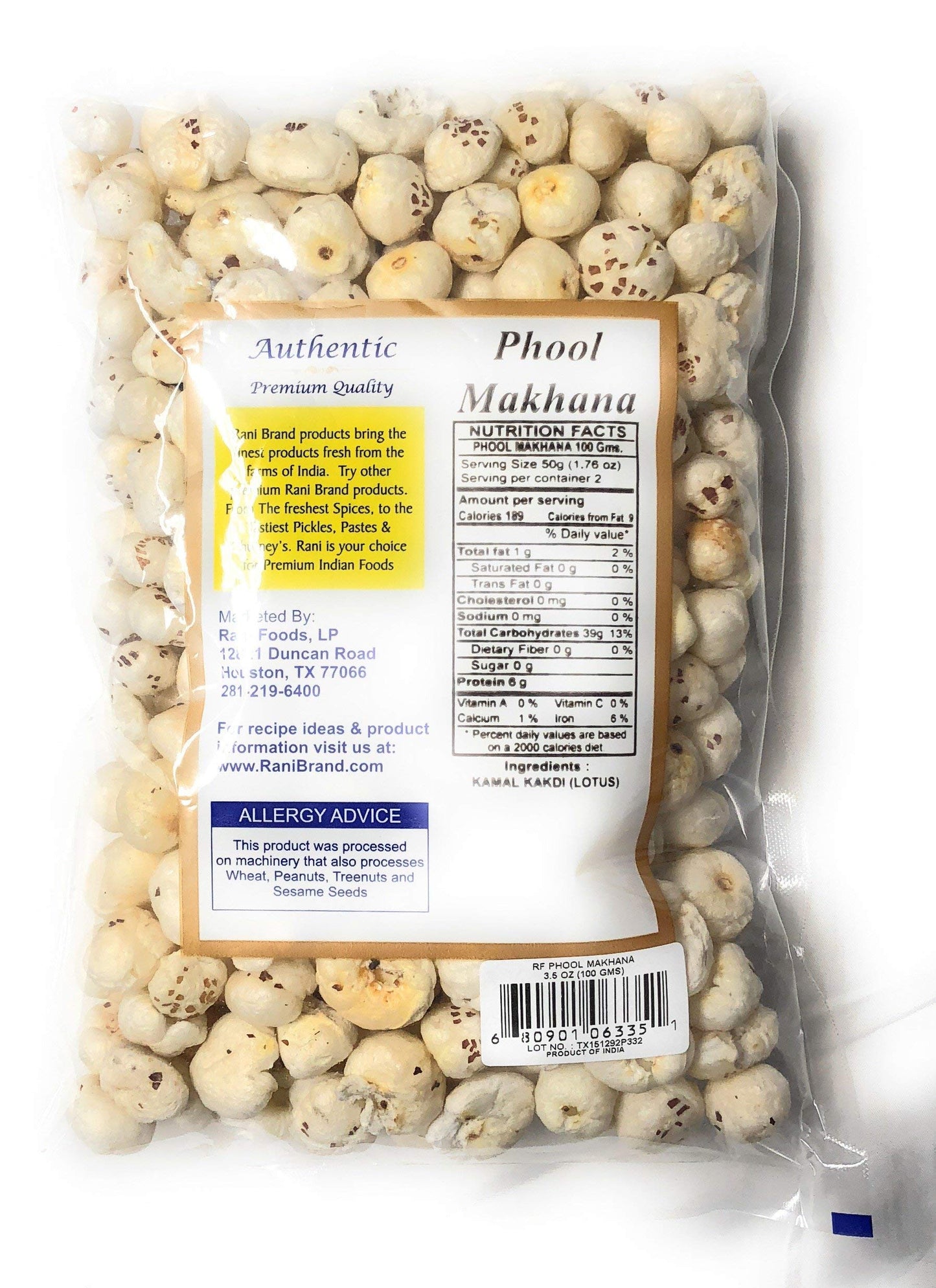 Rani Jumbo Phool Makhana (Fox Nut/Popped Lotus Seed) Plain Raw Uncooked 3.5Oz (100G) ~ All Natural | Vegan | No Colors | Gluten