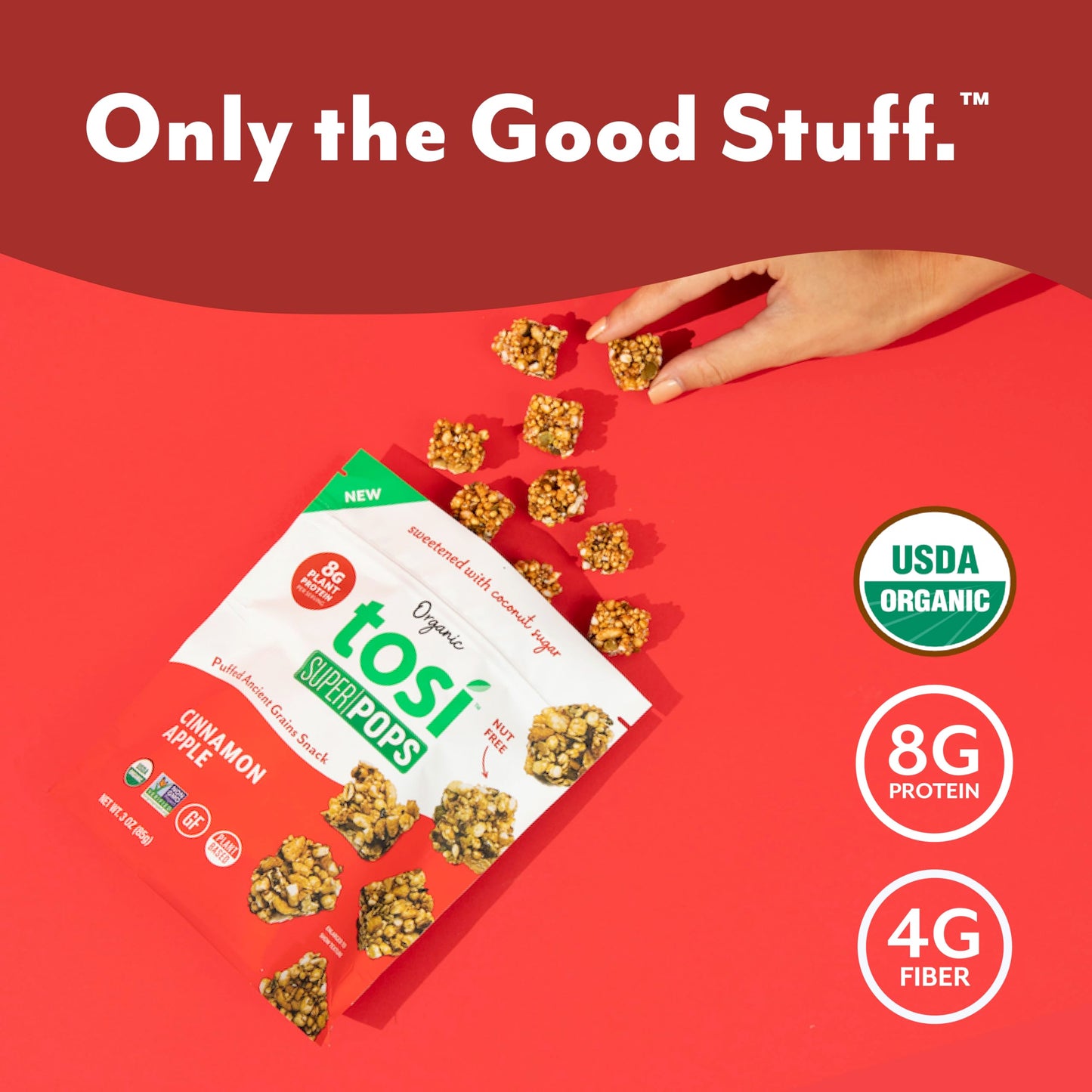 Tosi Puffs Cinnamon Apple Vegan Snacks, Gluten Free, 8G Protein, 1 oz (4 Pack)