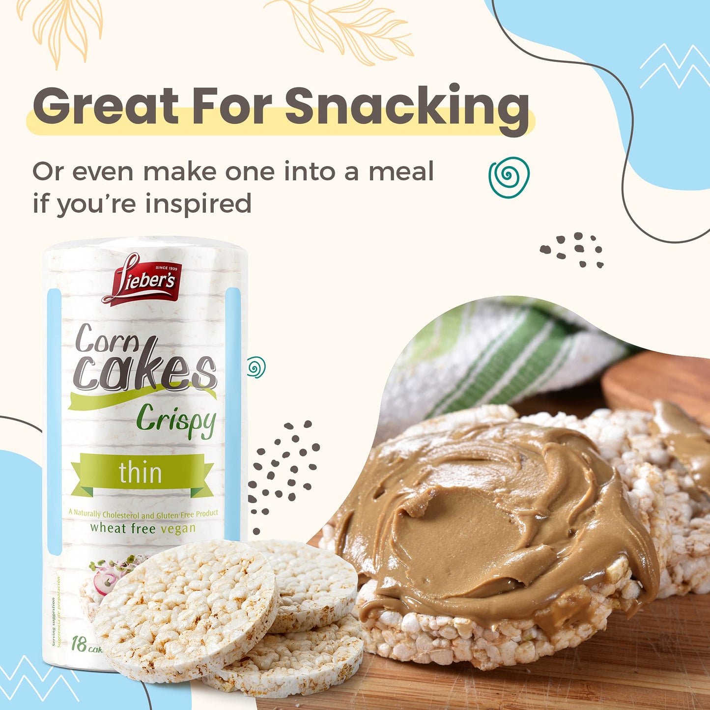 LIEBERS Rice Cakes, Kosher Certified, Gluten Free, Vegan, 2.9 oz Pack of 3, Corn Flavor