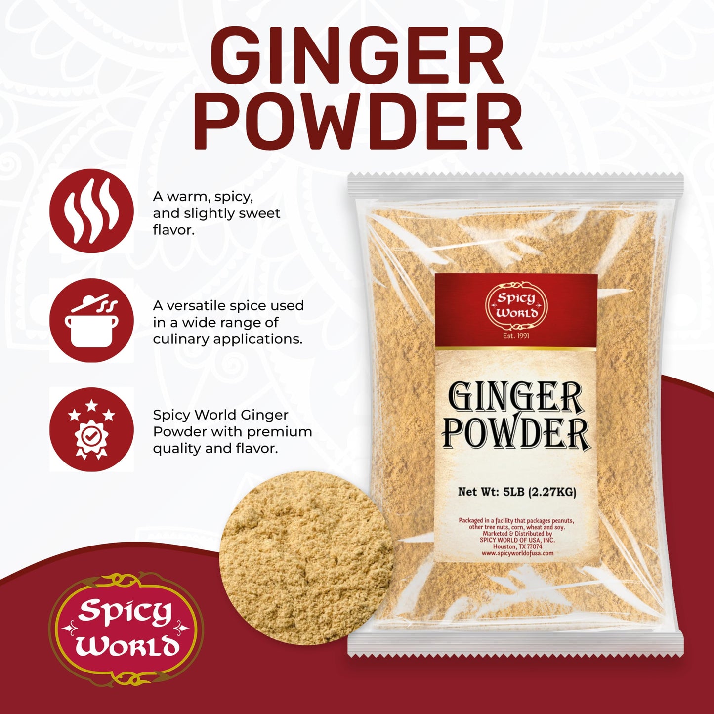 Spicy World Ginger Powder 5 Pound Bulk Bag - Ground Ginger Root