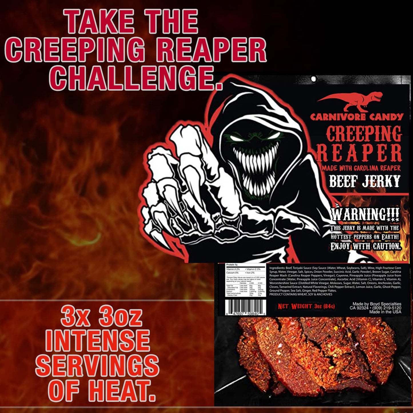 Jurassic Jerkys Creeping Reaper    Carolina Reaper Beef Jerky (1)-3Oz Bag The Reaper Is The Hottest Pepper In The World! Sweet W