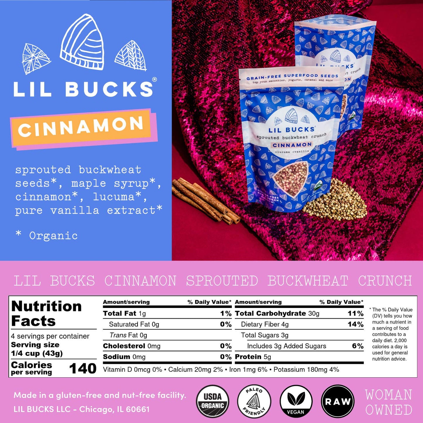 Lil Bucks Sprouted Buckwheat Groats Raw Organic, Grain-Free Granola (Cinnamon, 3 Pack)