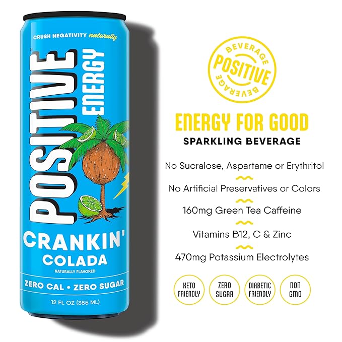 POSITIVE ENERGY Positive Energy Drink - Crankin' Colada, Zero Sugar & Calories, 12oz Cans (Pack of 12), Hydrating Electrolytes, Immunity Support