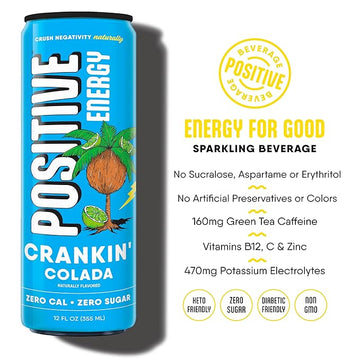 POSITIVE ENERGY Positive Energy Drink - Crankin' Colada, Zero Sugar & Calories, 12oz Cans (Pack of 12), Hydrating Electrolytes, Immunity Support