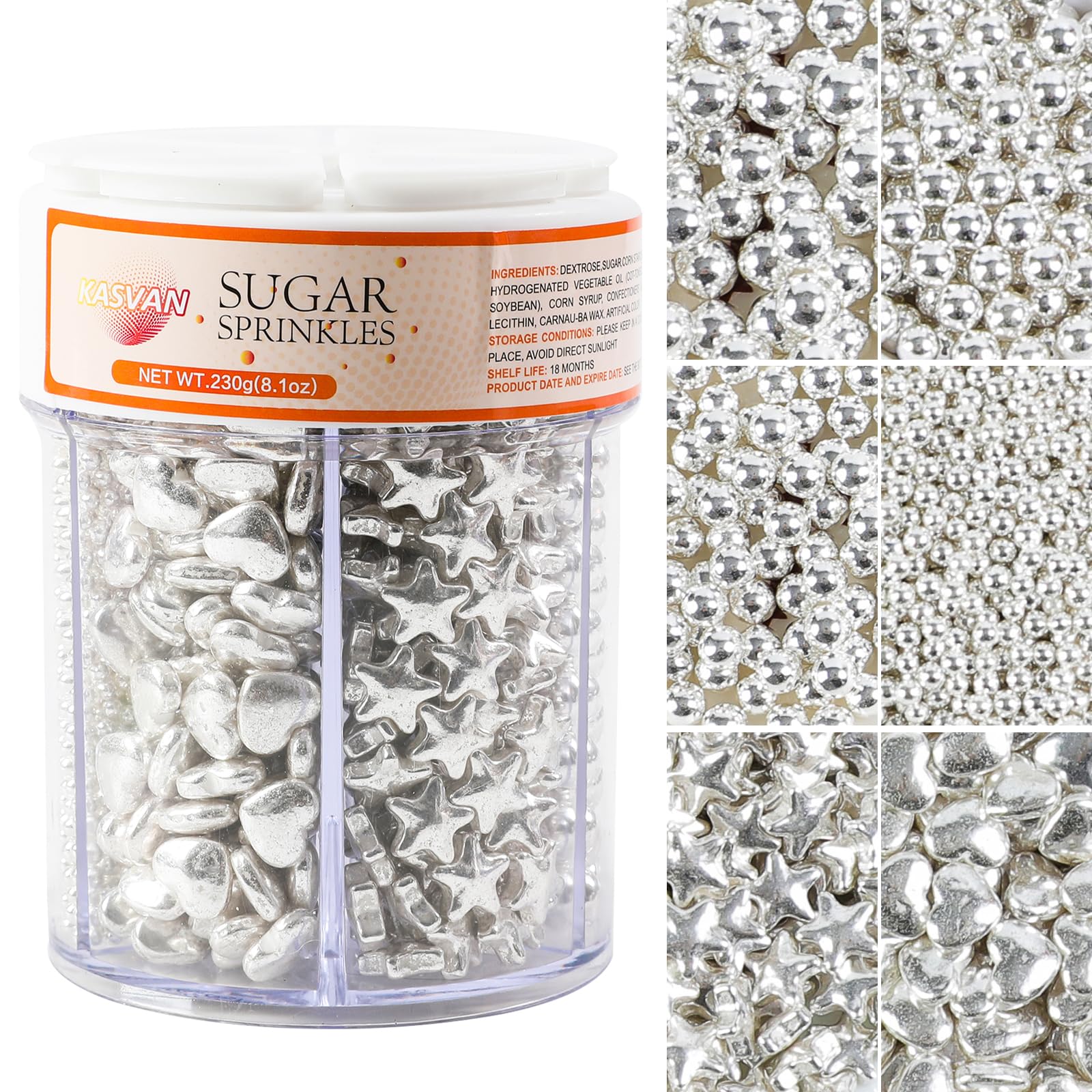 Kasvan Silver Pearl Sugar Sprinkles, 6 Sizes Mix for Cake Decorating, 230g/8.1oz, Ice Cream Toppings and Cookie Decorating, Wedd