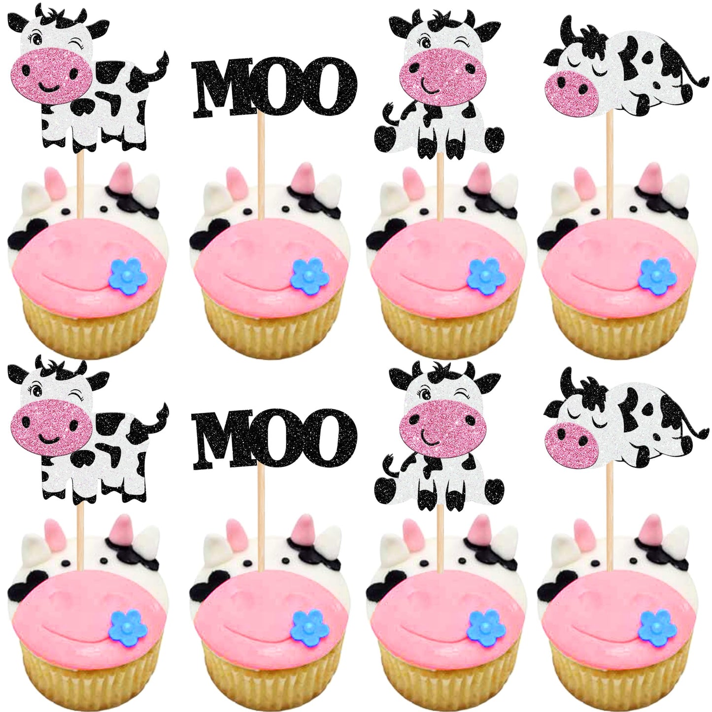 24 Pcs Cow Cupcake Toppers Glitter Farm Animals Moo Cupcake Picks Cow Theme Baby Shower Kids Birthday Party Cake Decorations Sup