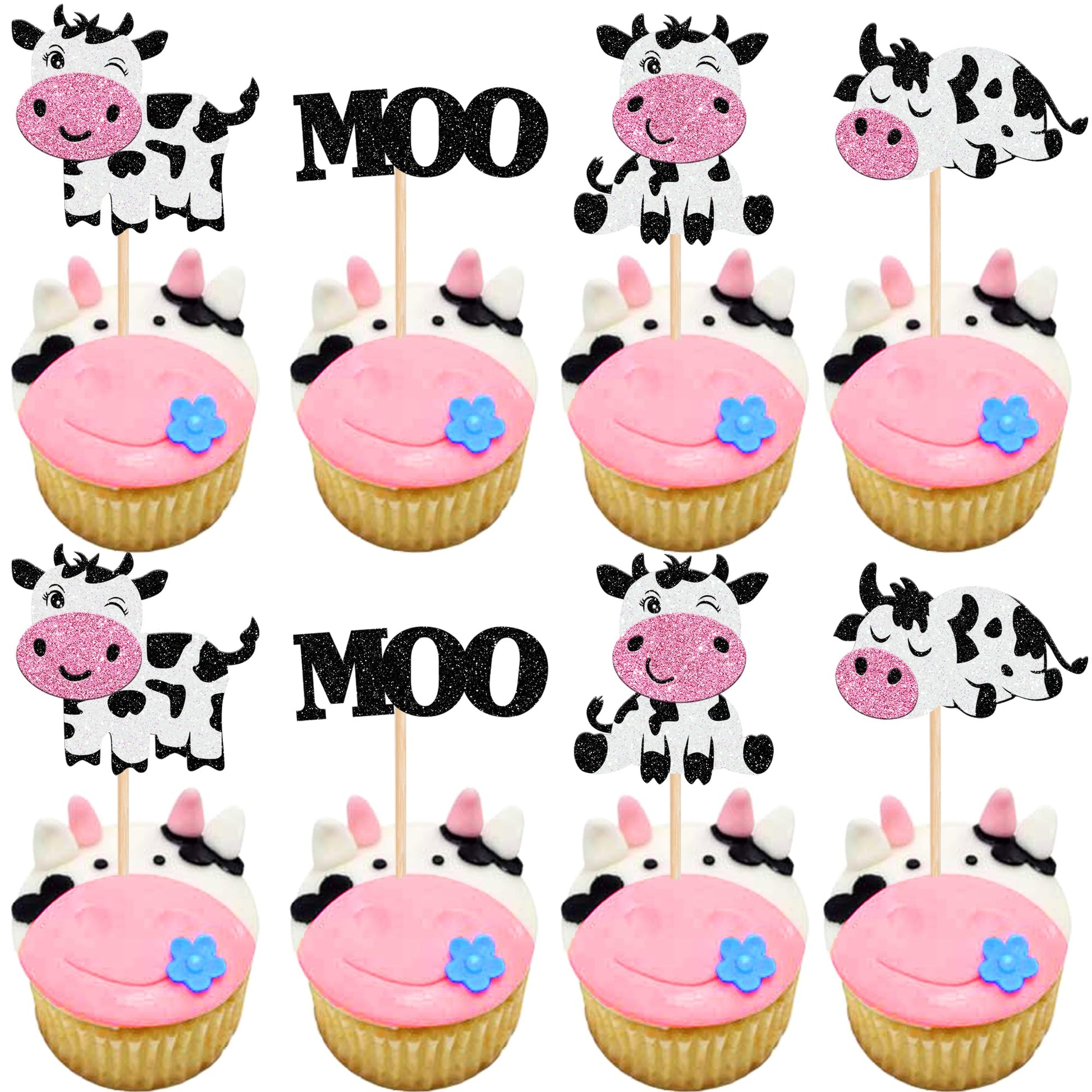 24 Pcs Cow Cupcake Toppers Glitter Farm Animals Moo Cupcake Picks Cow Theme Baby Shower Kids Birthday Party Cake Decorations Sup