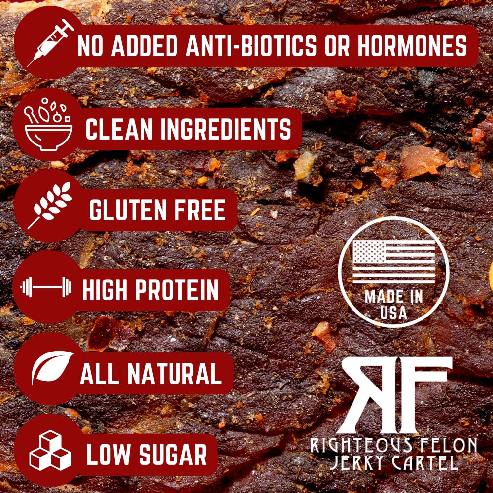 Righteous Felon Beef Jerky Variety Pack - Gluten Free, High Protein, Low Sugar Snacks, 2 Ounce (Pack of 4)