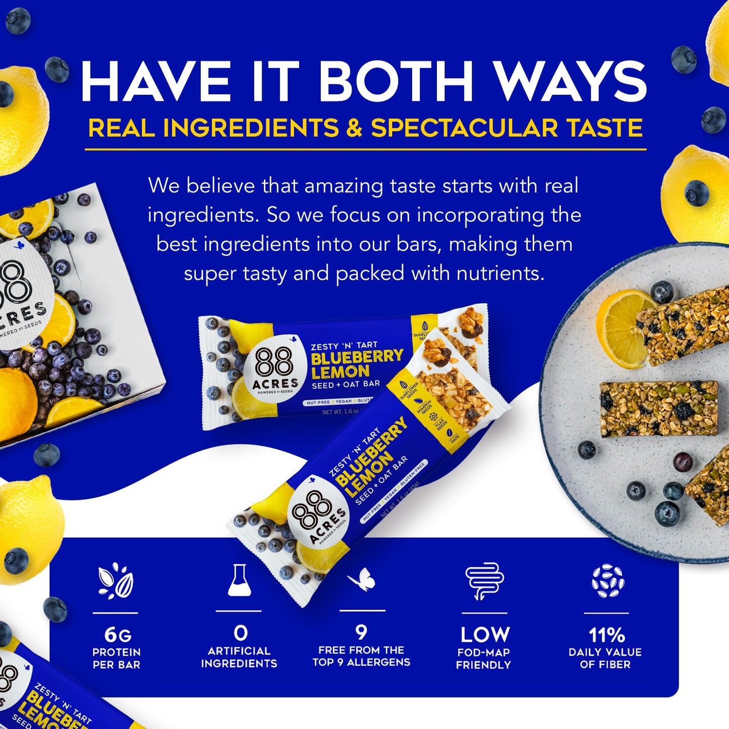 88 Acres Granola Bars | Blueberry Lemon | Gluten Free, Nut-Free Oat And Seed Granola Bar | Vegan & Always Non Gmo | 12 Pack