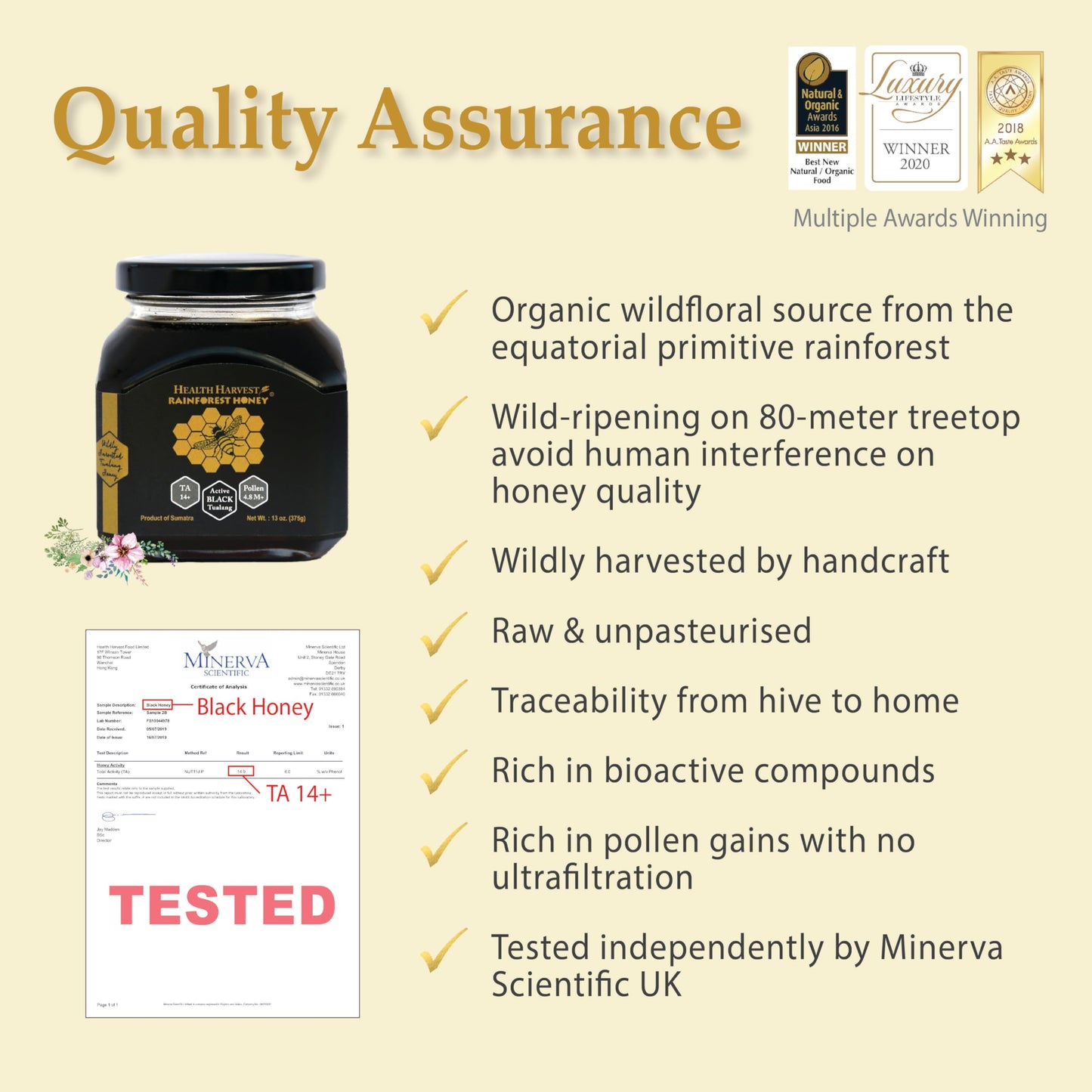 Enhanced Tualang Black Honey 13Oz (Ta 14+, Pollen Count 4.8M+, Pollen Variety 150+) Intense Choice For Men Preservation, Wild-Ripening On 250Ft Treetop, Raw, Unpasteurised, Unfiltered