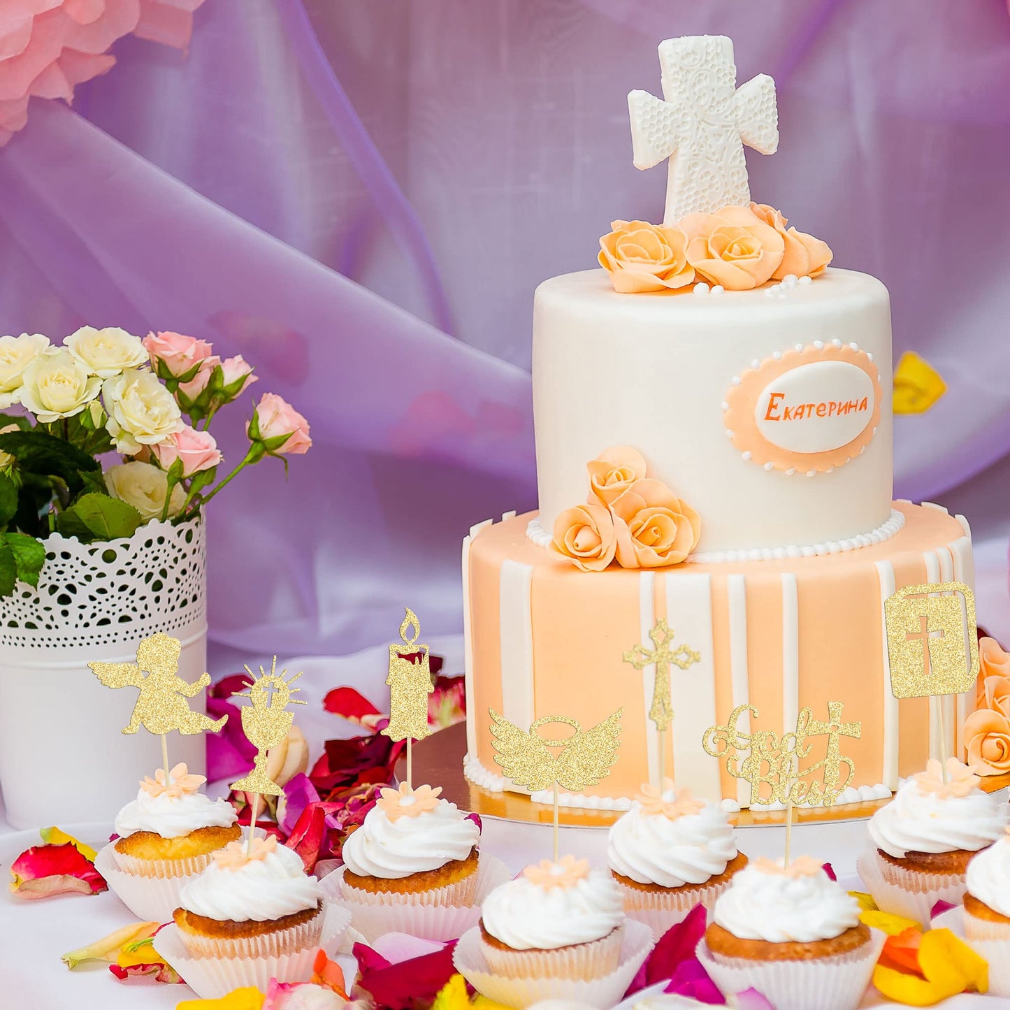 Gyufise Cupcake Toppers, 28Pcs Gold Glitter Christian Baptism Decor, Angel Chalice & Bible Cross Design