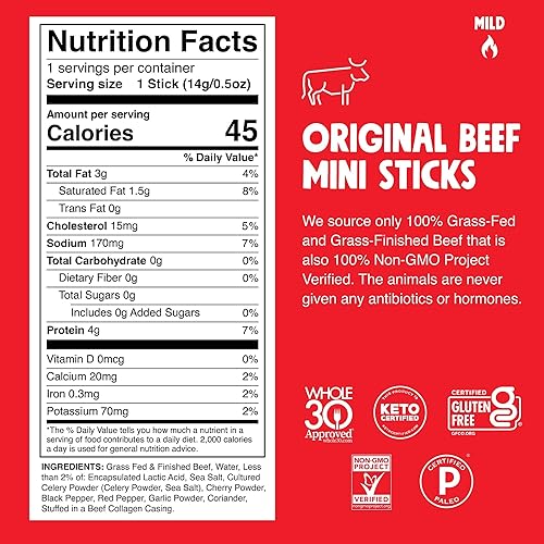 Chomps Beef Jerky Snack Sticks, Grass-Fed, Gluten-Free, 24-Pack, 0.5oz Each, Keto, Paleo, Non-GMO, Red