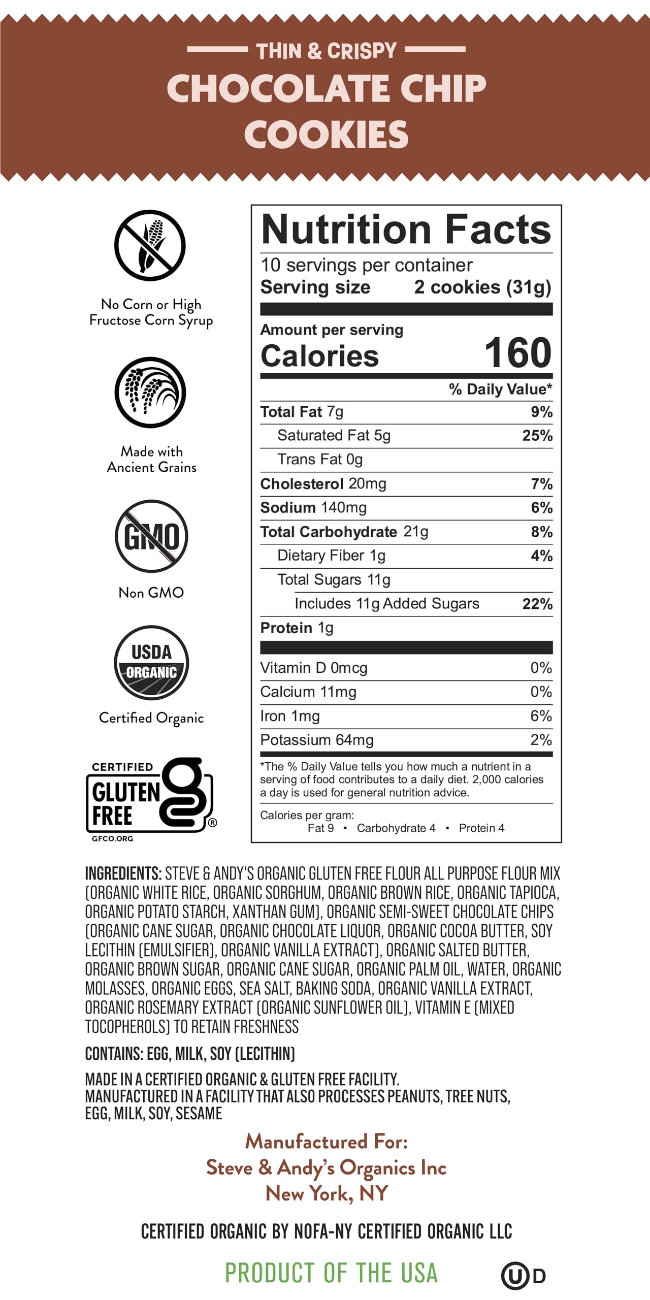 Steve & Andys Organic Gluten Free Chocolate Chip Cookies, Non-GMO for Healthy Snacking and Kosher, 5.5 oz (Pack of 3)