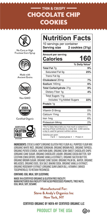 Steve & Andys Organic Gluten Free Chocolate Chip Cookies, Non-GMO for Healthy Snacking and Kosher, 5.5 oz (Pack of 3)