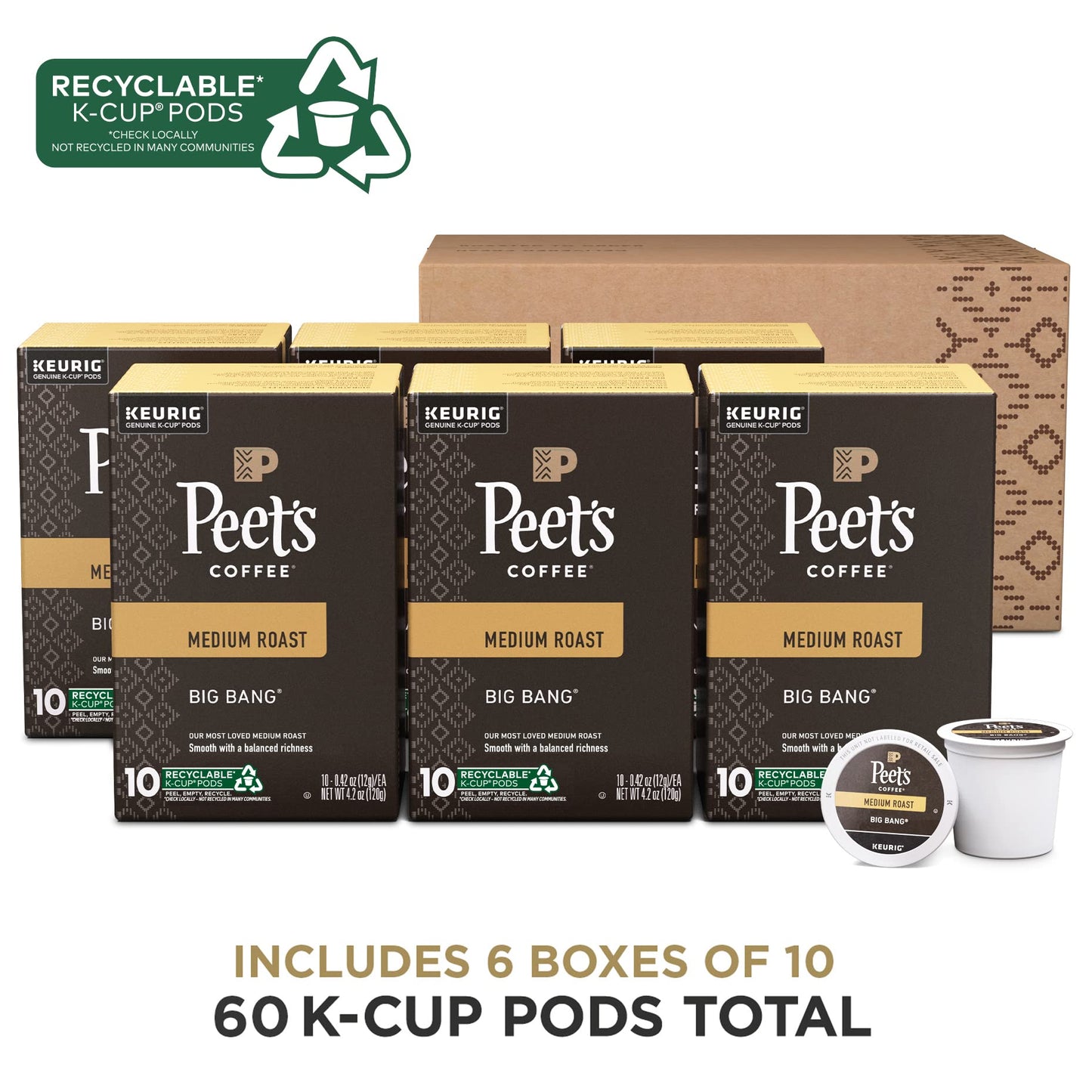 Peets Coffee Medium Roast K-Cup Pods, Big Bang, 60 Count (6 Boxes of 10 Pods), Model 515041