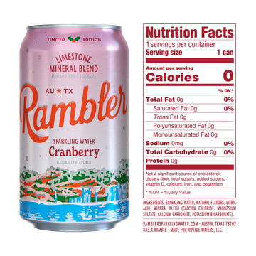 Autx Rambler Sparkling Water, Limestone Mineral Blend, Cranberry Flavor, Limited Edition, 12 Oz, Three 8-Packs (24 Cans)