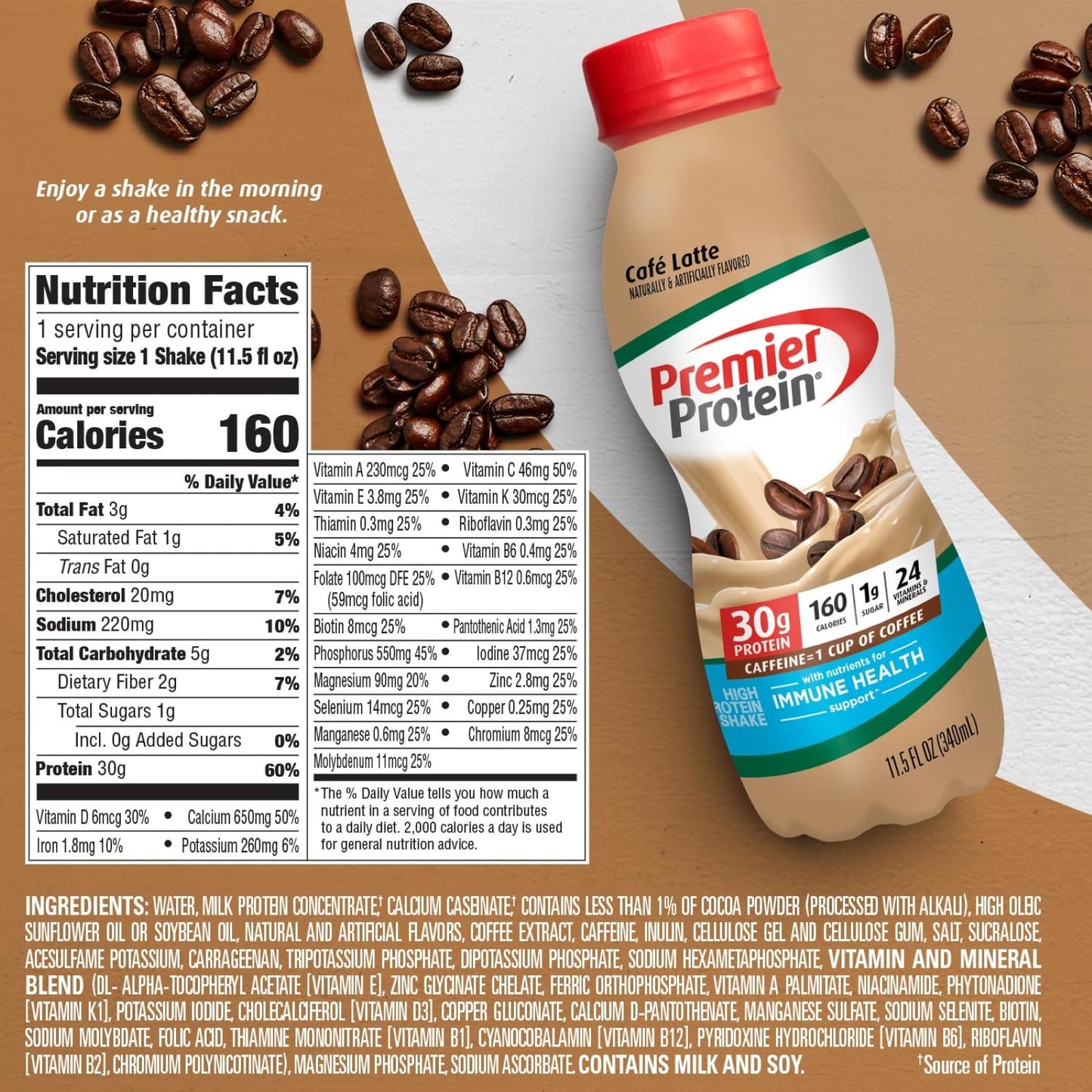 Premier Protein Shake  Caf? Latte  30g Protein  1g Sugar  24 Vitamins & Minerals  Nutrients to Support Immune Health 11.5 fl oz  12 Pack