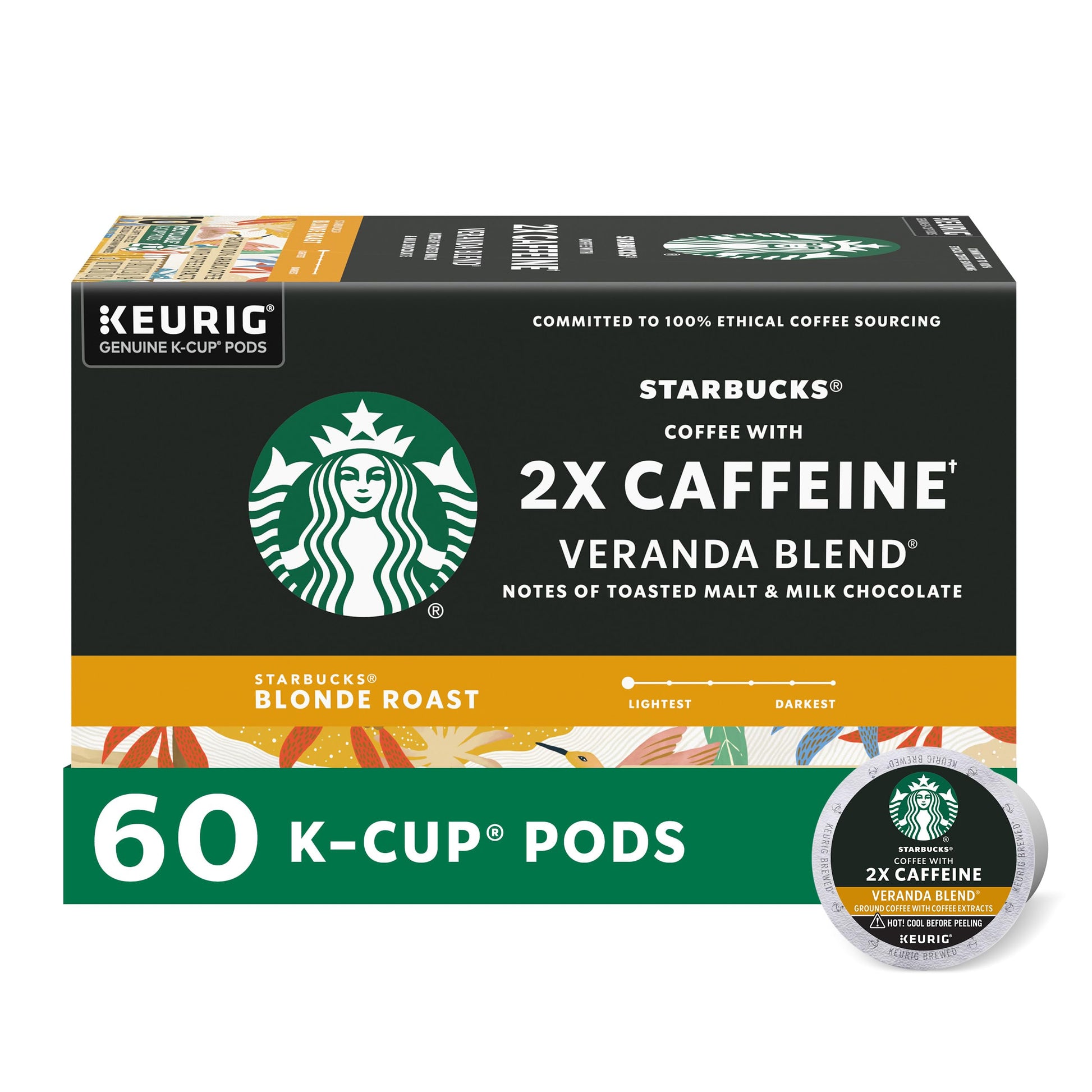 Starbucks K-Cup Coffee Pods, Blonde Roast with 2X Caffeine, 60 Pods Total, Veranda Blend for Keurig Brewers