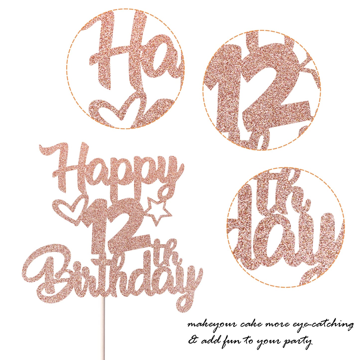 YCTHUNFISH Happy 12th Birthday Cake Topper Glitter Heart Star, Rose Gold, 5.4x9.2 inches, Cake Decorations for Children