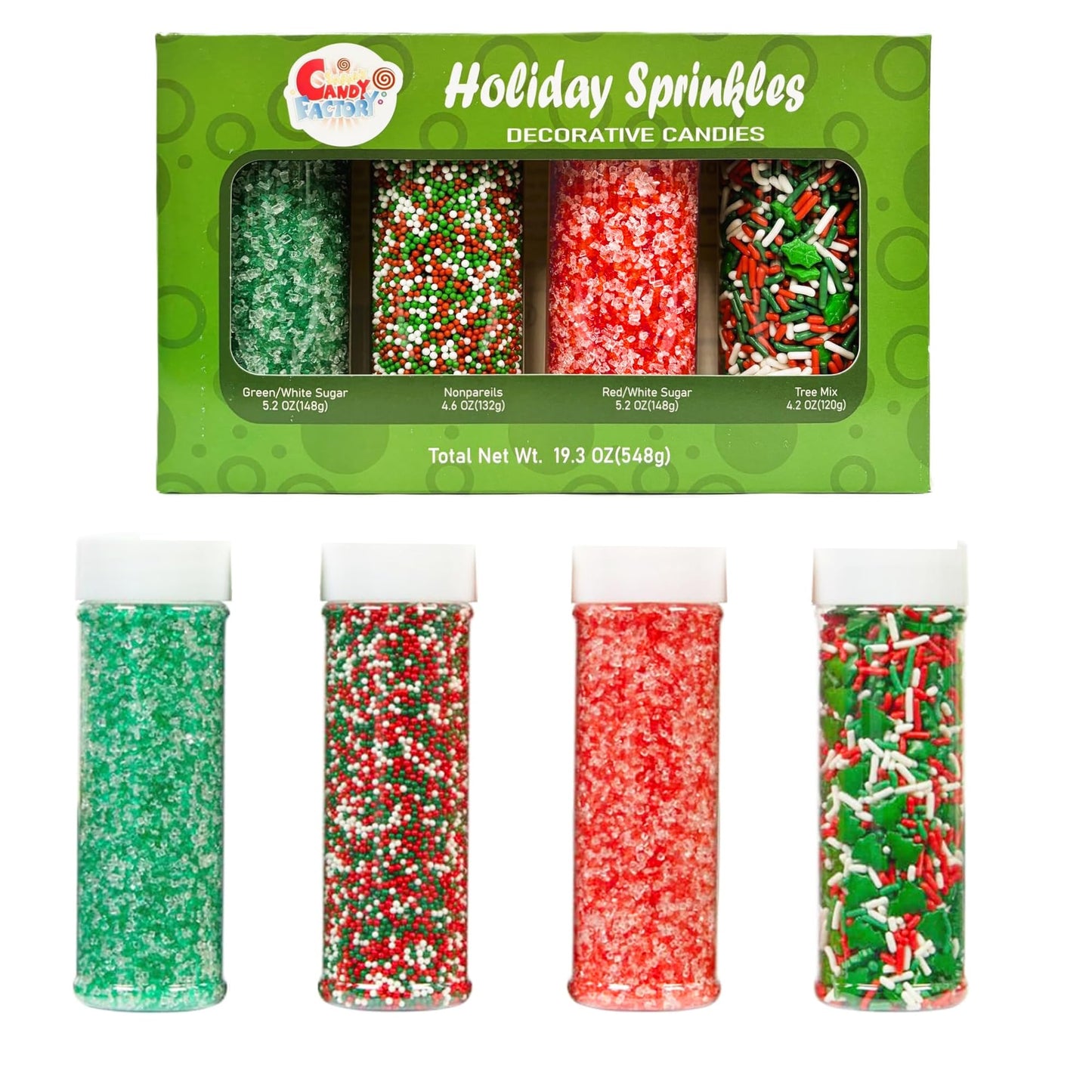 Holiday Sprinkles Set 4 Count 19.3 Oz Different Types in Jar, Cake- Cookies Sprinkles For Christmas-Party, Kosher,Green&White Su