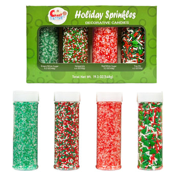 Holiday Sprinkles Set 4 Count 19.3 Oz Different Types in Jar, Cake- Cookies Sprinkles For Christmas-Party, Kosher,Green&White Su
