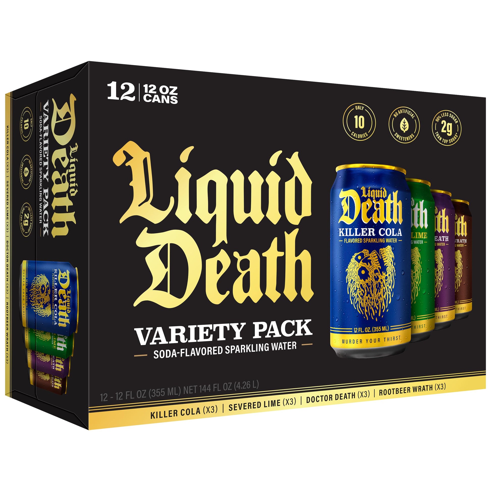Liquid Death Sparkling Water Variety Pack - 12oz Cans, Low Sugar, 4 Flavors: Lime, Cola, Rootbeer, Doctor Death, Pack of 12