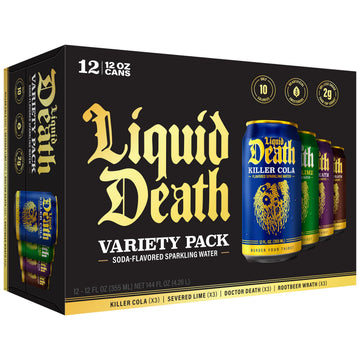 Liquid Death Sparkling Water Variety Pack - 12oz Cans, Low Sugar, 4 Flavors: Lime, Cola, Rootbeer, Doctor Death, Pack of 12