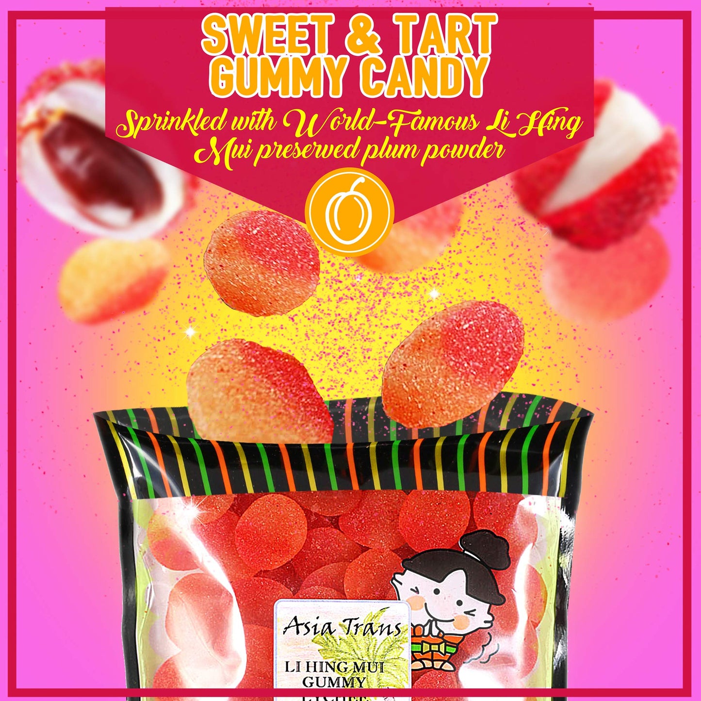 Asia Trans Lychee Gummies with Li Hing Mui Powder | Sweet & Sour Soft Candy | 13 Ounce Pack