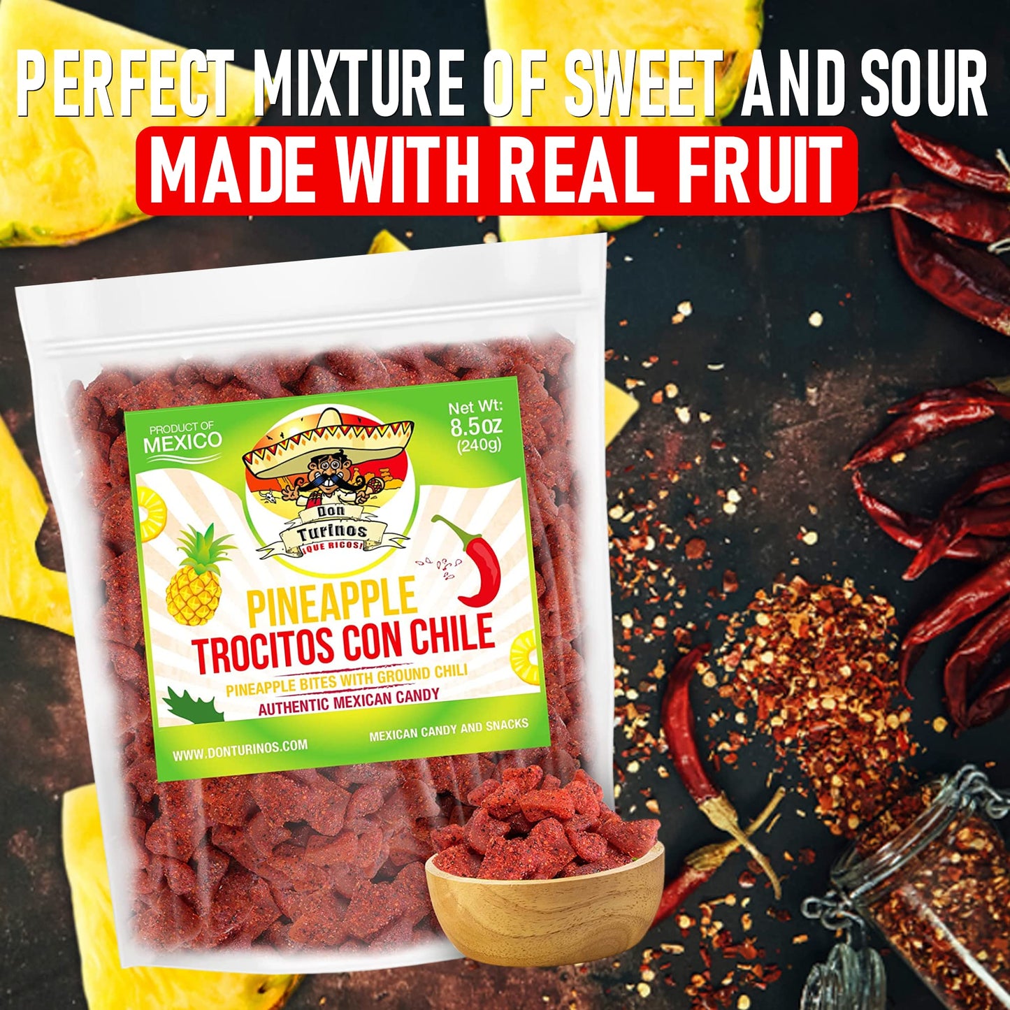 Dried Chili Pineapple Mexican Candy, 8.5 Oz, Natural Soft Dry Chunks, Traditional Dulce Mexicano, Sweet And Spicy Flavor, By Don