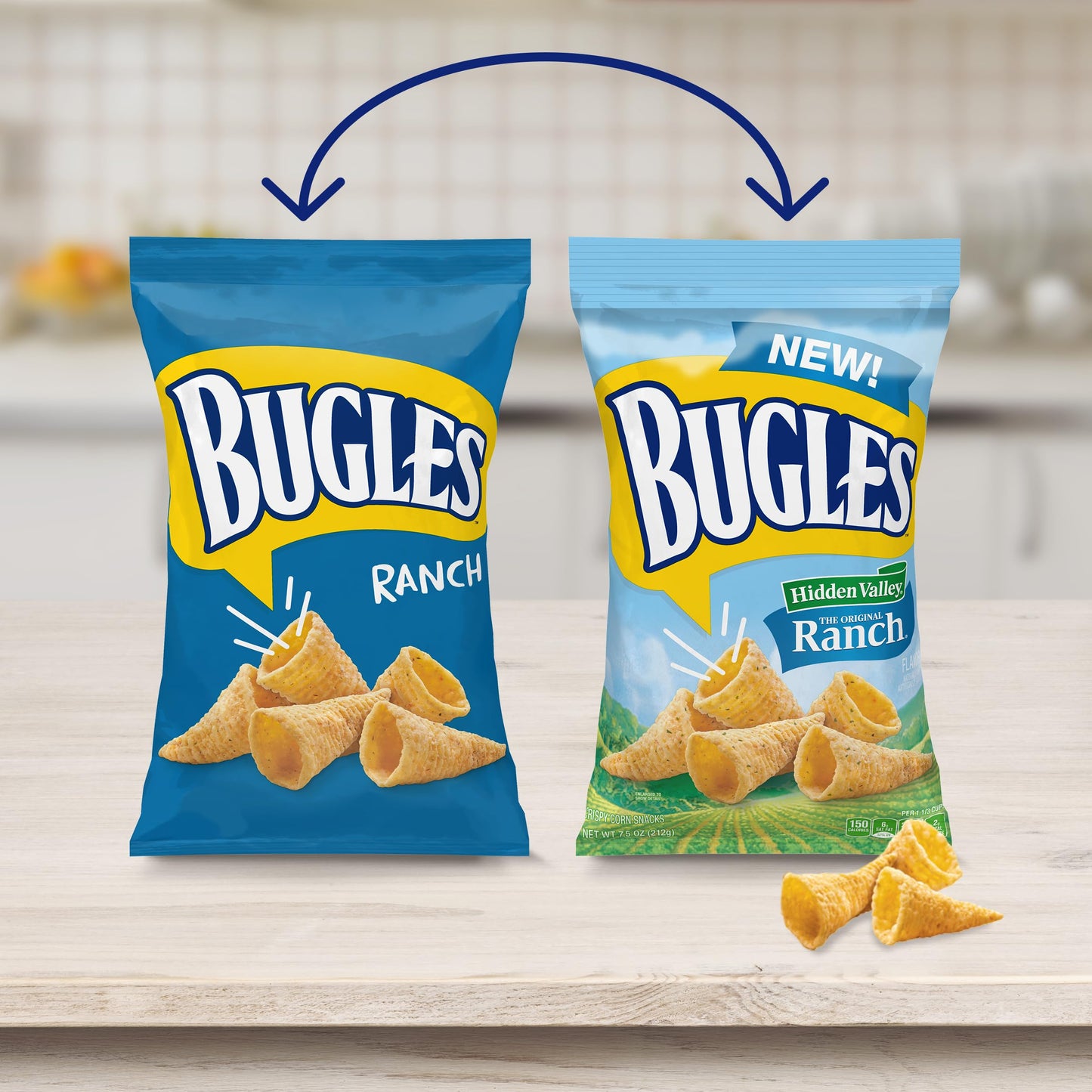 Bugles Crispy Corn Snacks, Hidden Valley Ranch Flavor, Snack Bag, 7.5 Oz