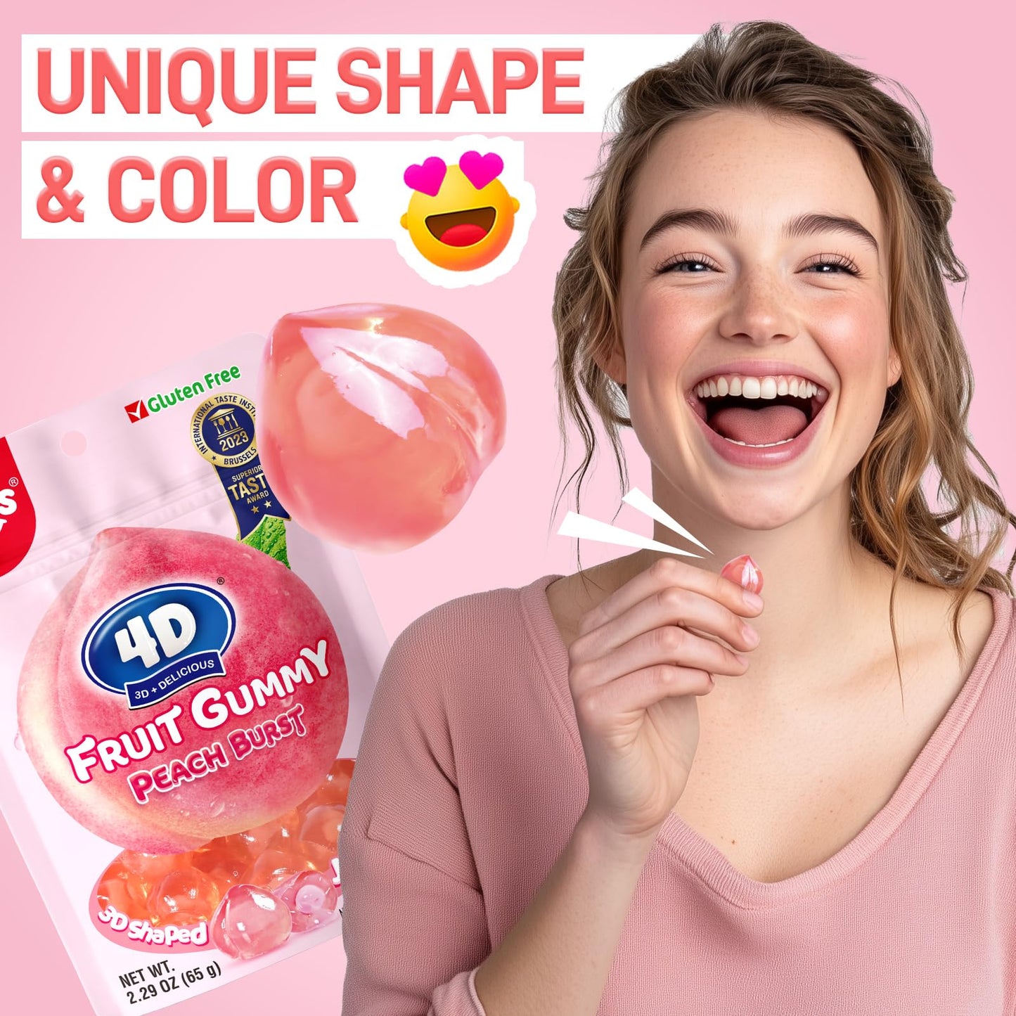 Amos 4D Gummy Candy Peach Burst - Fruity, Jelly-Filled, Natural Flavor - Resealable 2.29Oz Bag Valentine'S Candy Gift (Pack Of 8