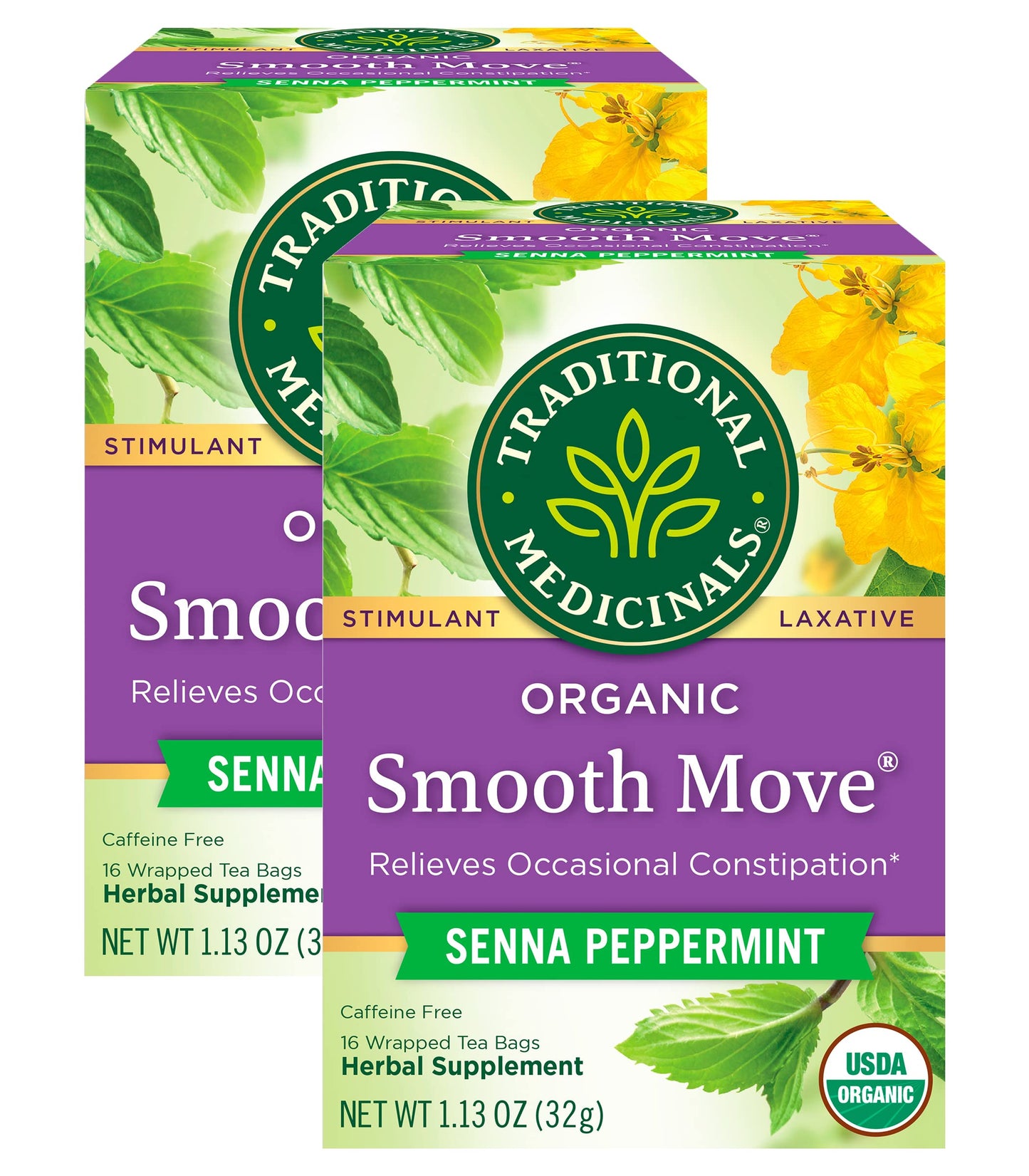 Traditional Medicinals Organic Herbal Tea Smooth Move Senna Peppermint, 32 Tea Bags (Pack of 2)