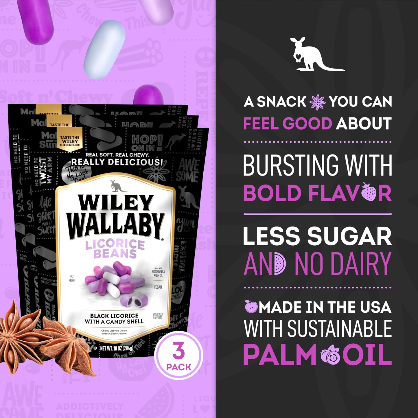 Wiley Wallaby 7.05 Ounce Classic Black Gourmet Australian Style Soft & Chewy Licorice Candy Beans, 3 Pack