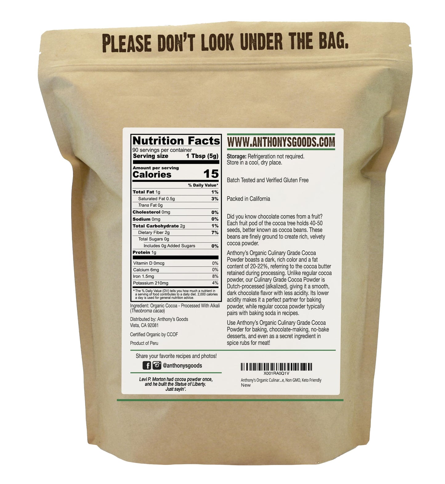 Anthonys Organic Culinary Grade Cocoa Powder, 1 lb, Dutch Processed Baking Cocoa, Gluten Free, Non GMO, Keto Friendly