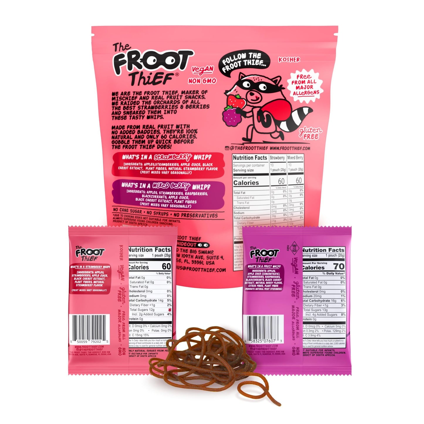 The FROOT Thief Real Fruit Snack Whips BIG Variety Pack, Nut Free, Individual Bags for Kids School Lunches, 10xStrawberry, 10xMi