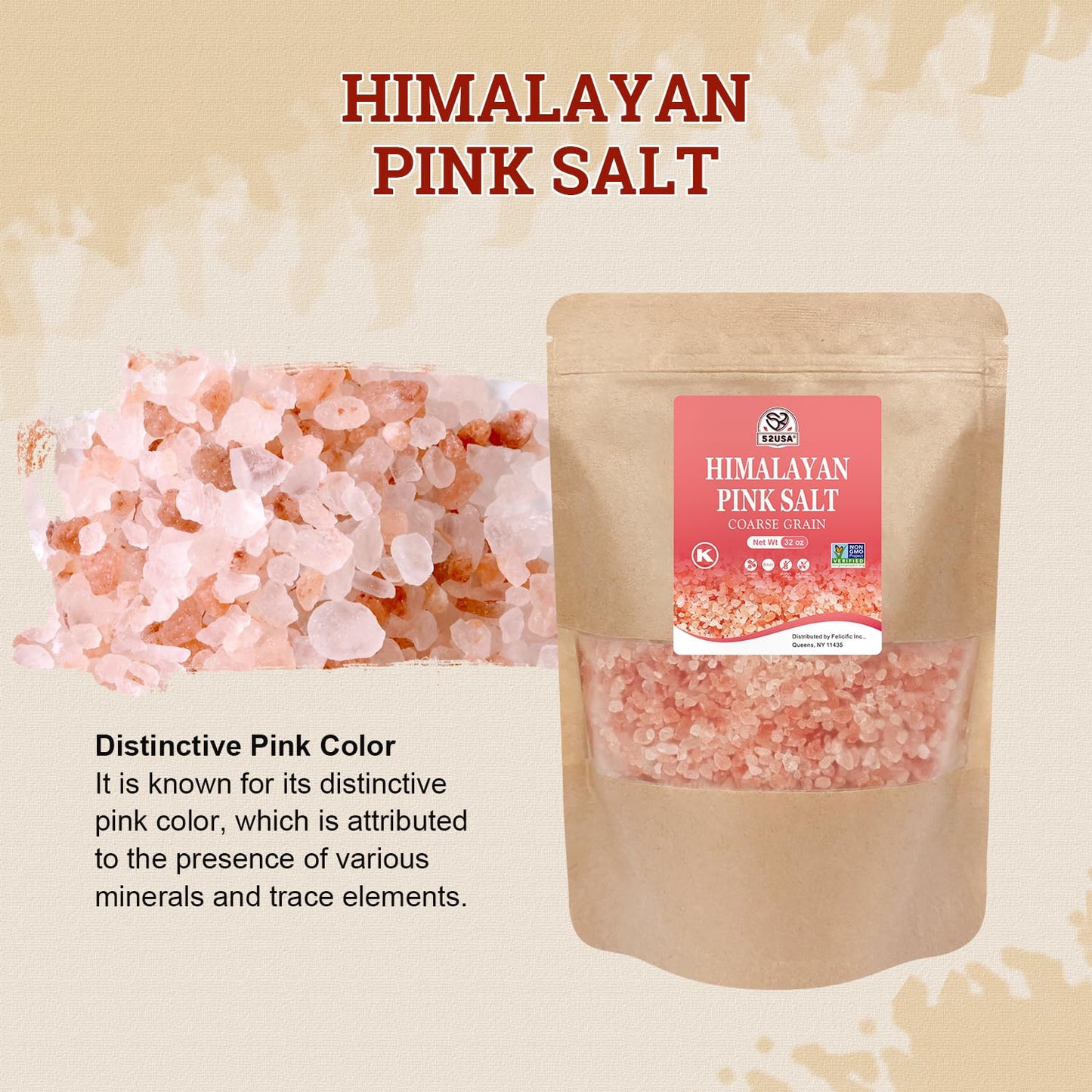 52USA Himalayan Pink Salt Coarse 2lb (907g), Gourmet Pure Crystal Pink Himalayan Sea Salt, Himalayan Salt for Grinder and Salt M
