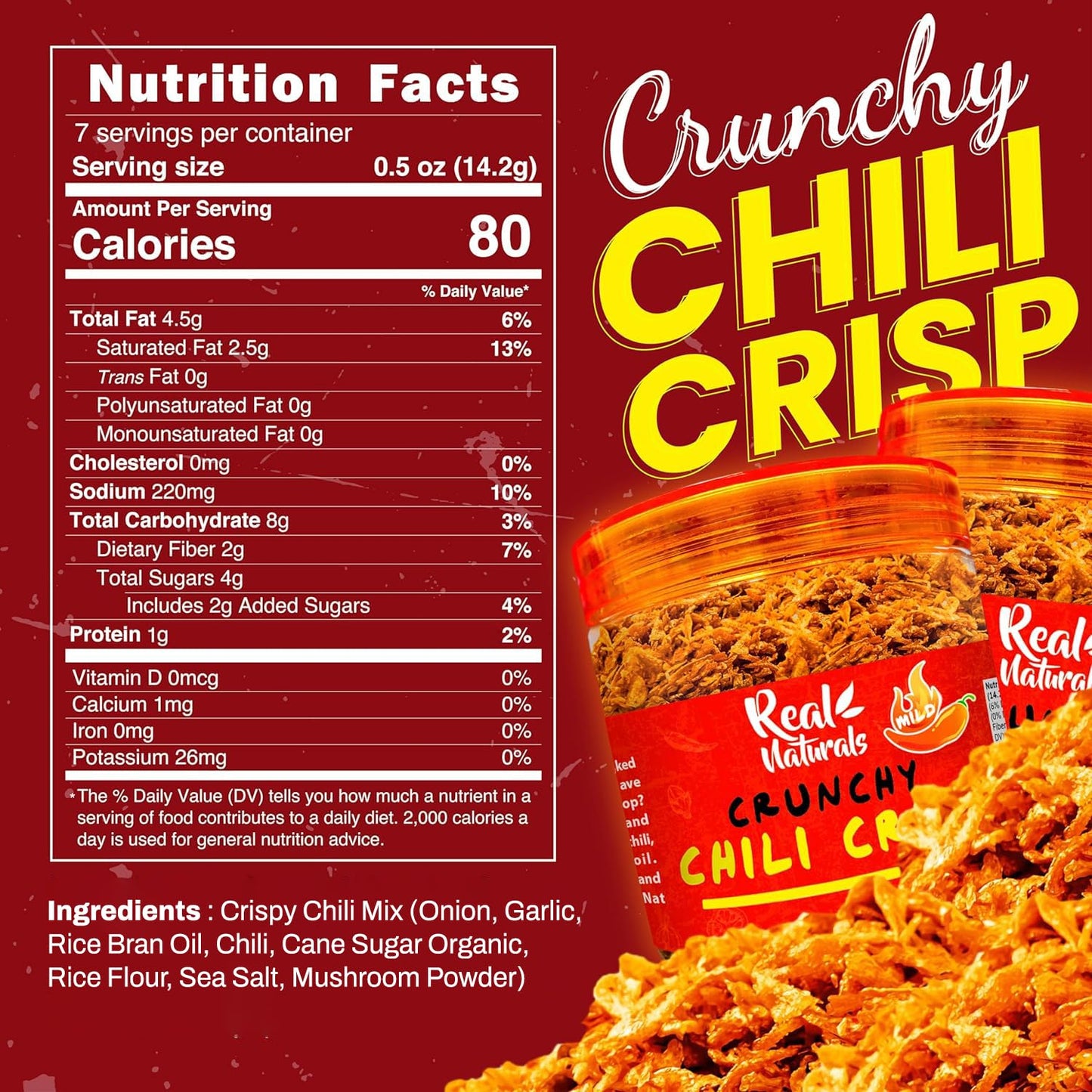 Chili Crisp (medium spicy) chilli crisp oil  without the oil . Crispy chili crunch with garlic, onion. For ramen toppings, salad