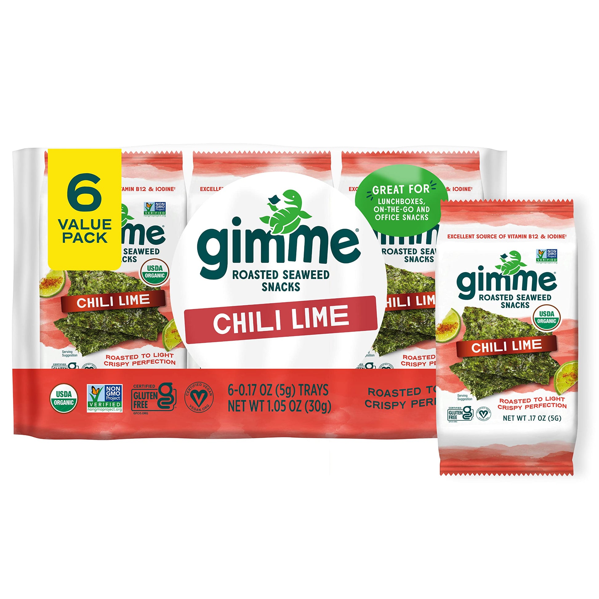 Gimme Seaweed - Chili Lime - 6 Count - Organic Roasted Seaweed Sheets - Keto, Vegan, Gluten Free - Great Source Of Iodine & Omeg