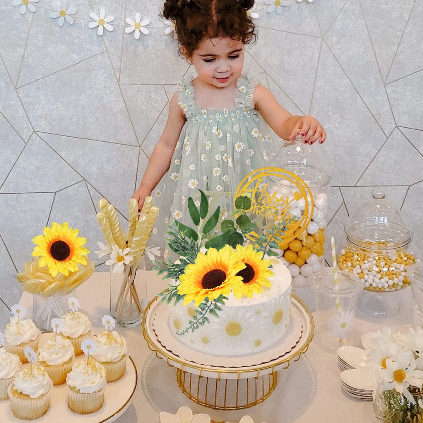 Memovan Sunflower Cake Topper 18Pcs Sunflower Cake Decoration With Gold Happy Birthday Cake Topper Sunflower Golden Palm Eucalyp